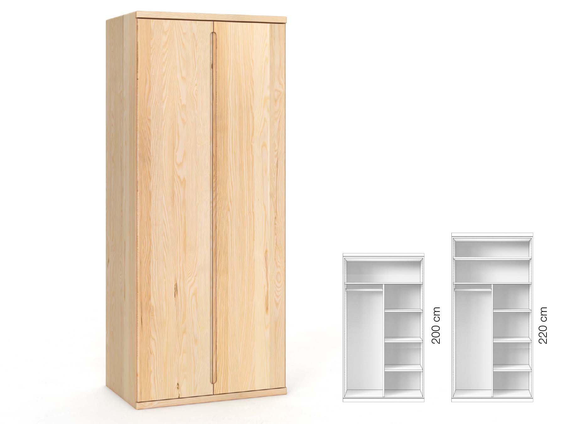 Eschenschrank „Valentin“, 2-türig, Höhe 220 cm, Griffausführung „Lukas“, Inneneinrichtung: B