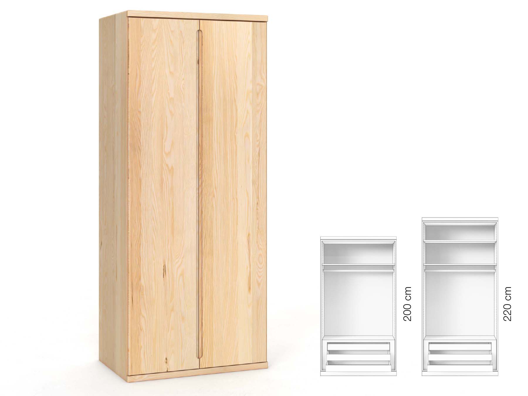Eschenschrank „Valentin“, 2-türig, Höhe 220 cm, Griffausführung „Lukas“, Inneneinrichtung: D