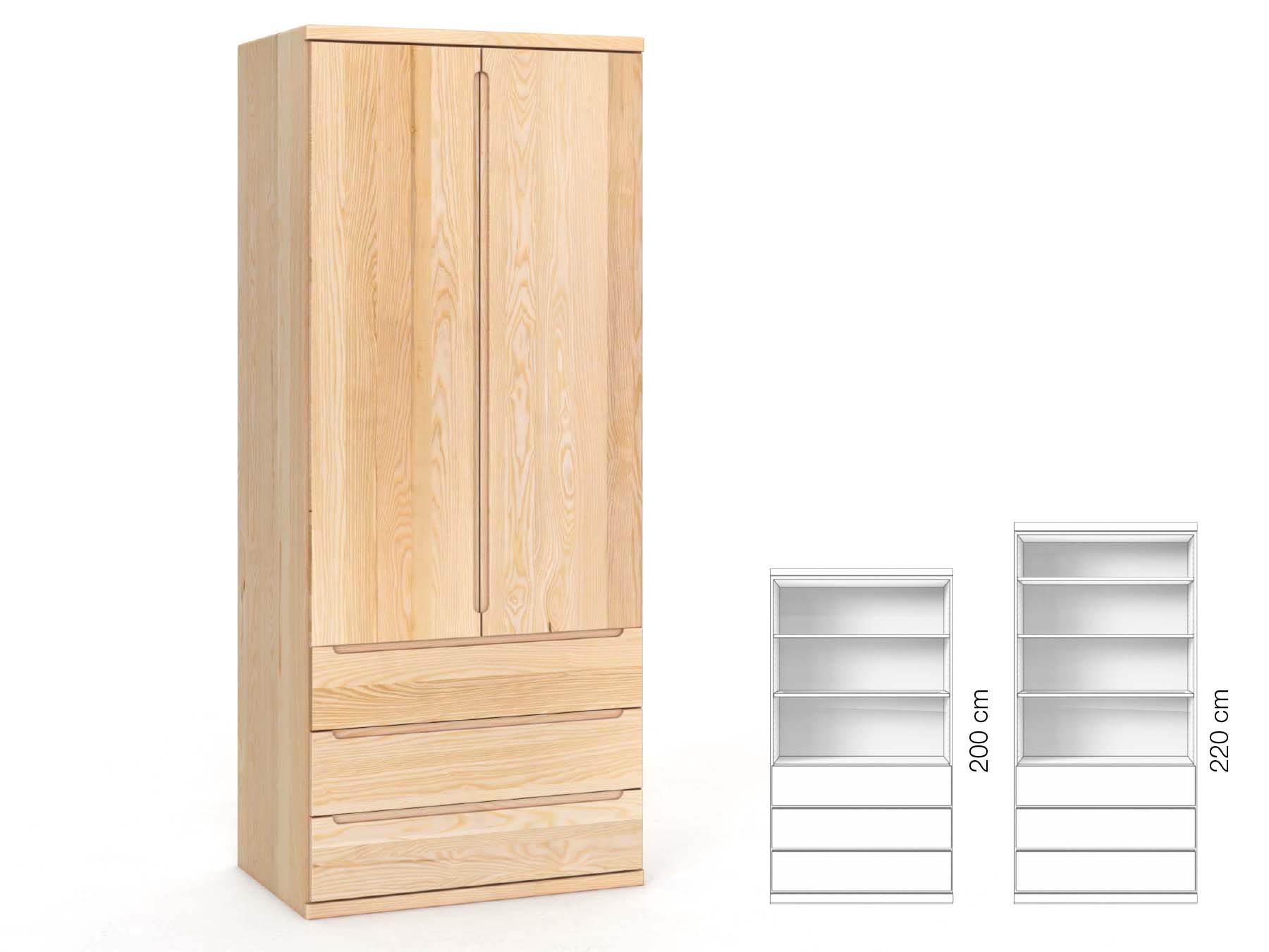Eschenschrank „Valentin“, 2-türig, Höhe 220 cm, Griffausführung „Lukas“, Inneneinrichtung: E