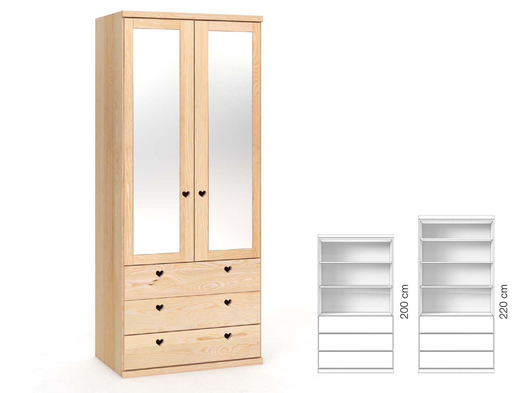 Eschenschrank „Sandra“, 2-türig, Höhe 220 cm, Griffausführung „Heidi“, Inneneinrichtung: E