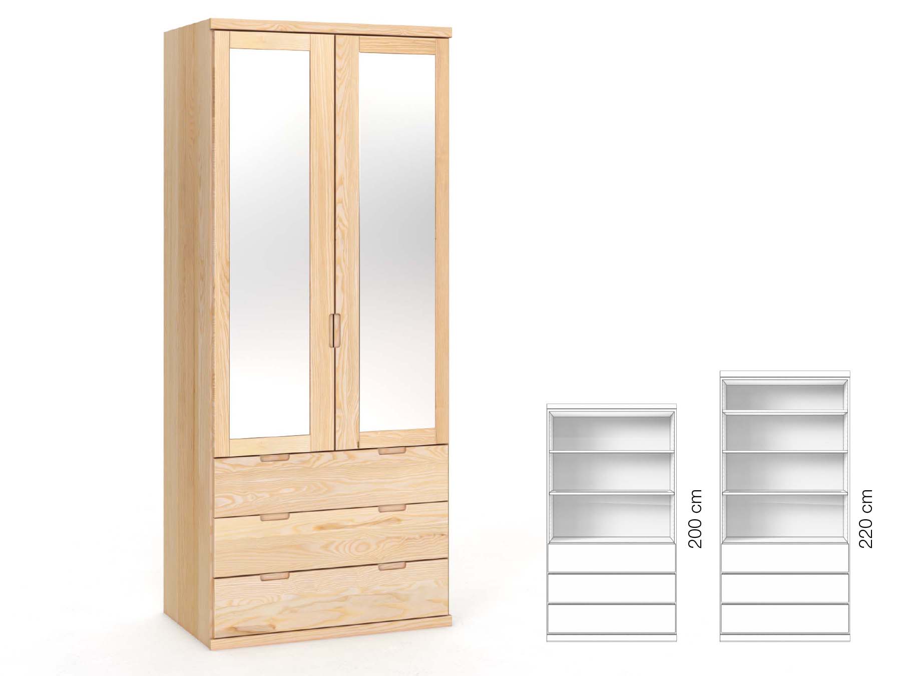 Eschenschrank „Sandra“, 2-türig, Höhe 220 cm, Griffausführung „Lukas“, Inneneinrichtung: E