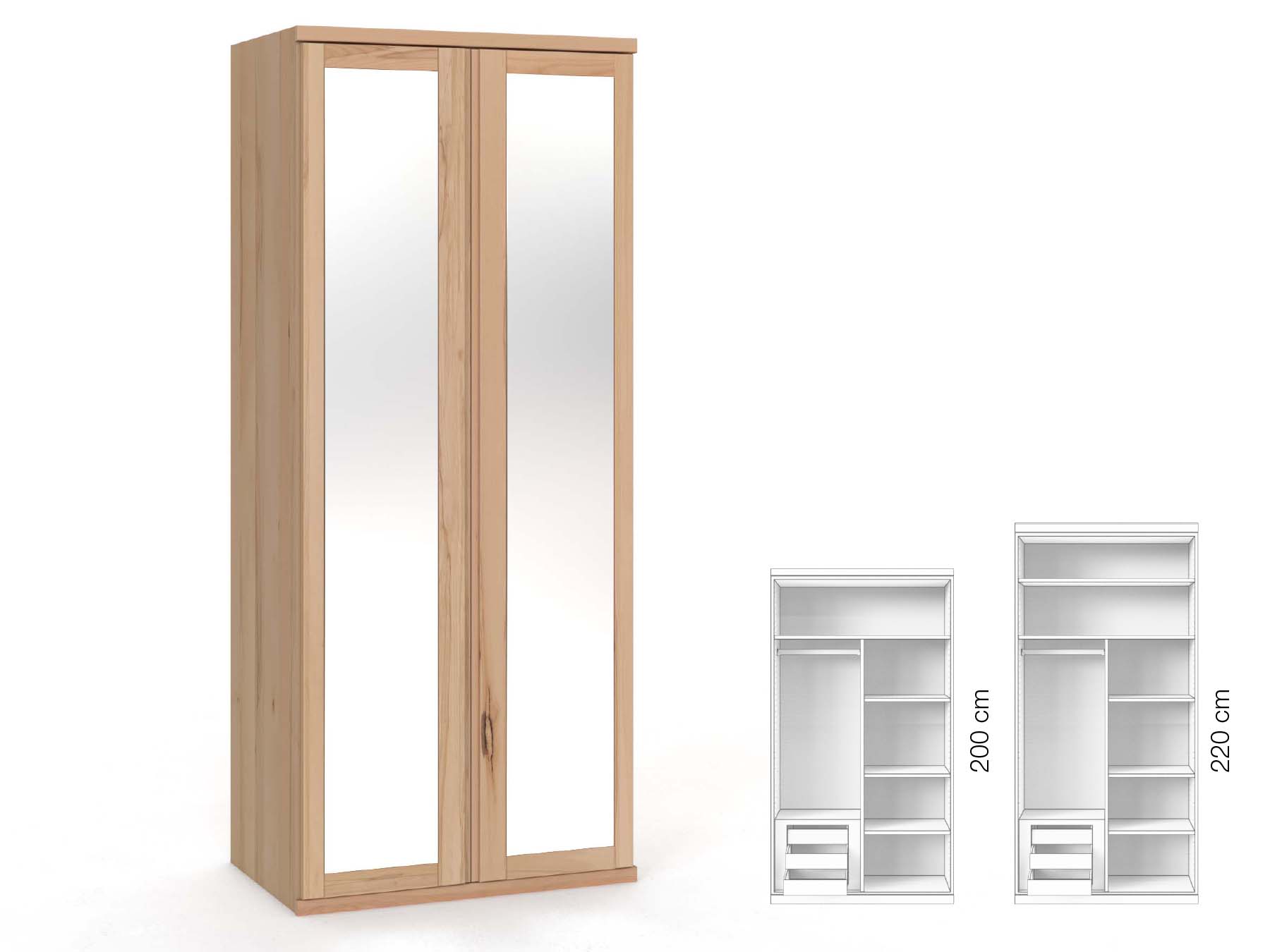 Buchenschrank „Sandra“, 2-türig, Höhe 220 cm, Griffausführung „Patrizia“, Inneneinrichtung: C