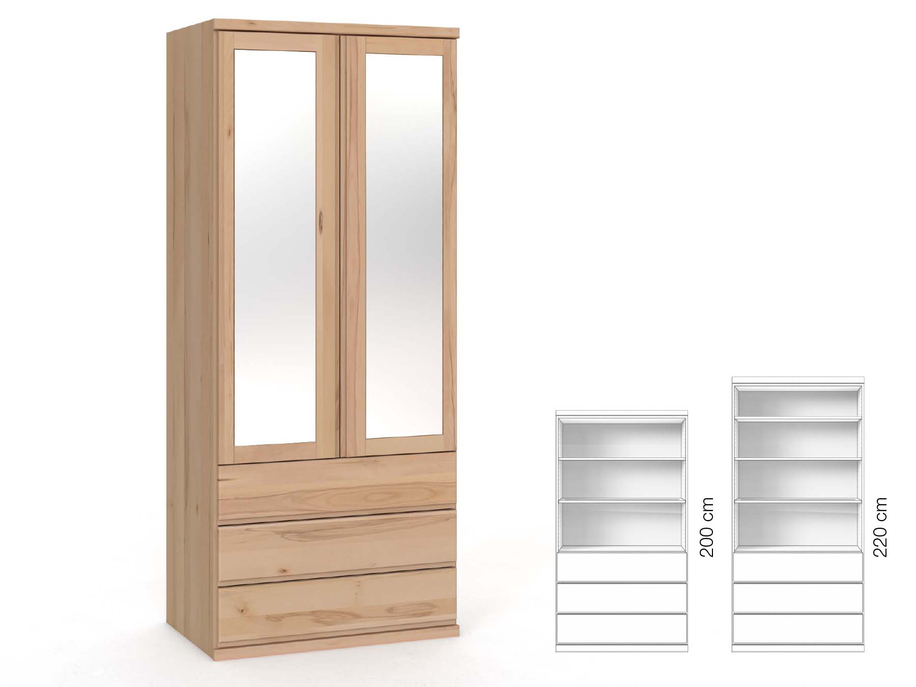 Buchenschrank „Sandra“, 2-türig, Höhe 220 cm, Griffausführung „Patrizia“, Inneneinrichtung: E