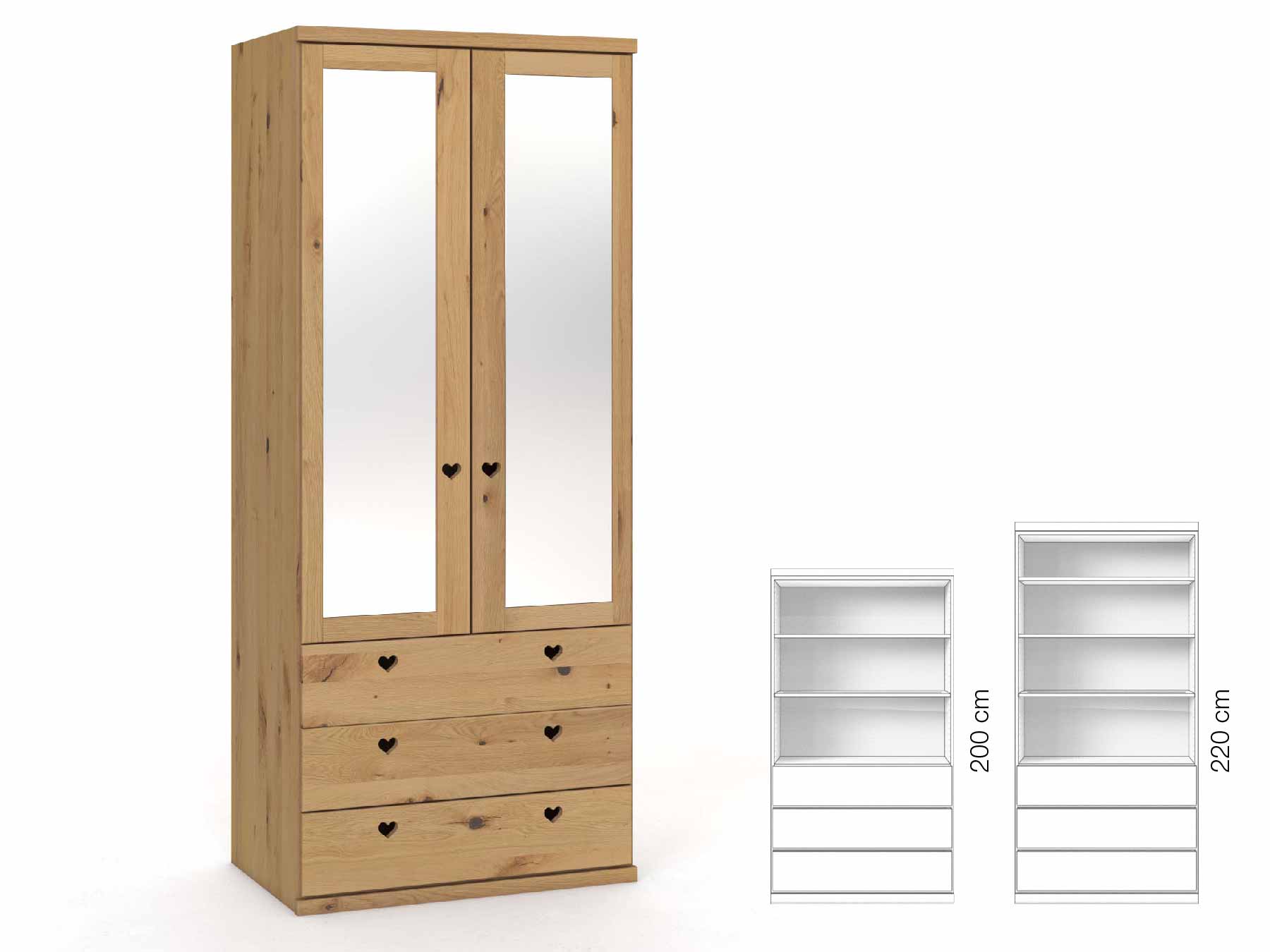 Wildeichenschrank Hell „Sandra“, 2-türig, Höhe 220 cm, Griffausführung „Heidi“, Inneneinrichtung: E