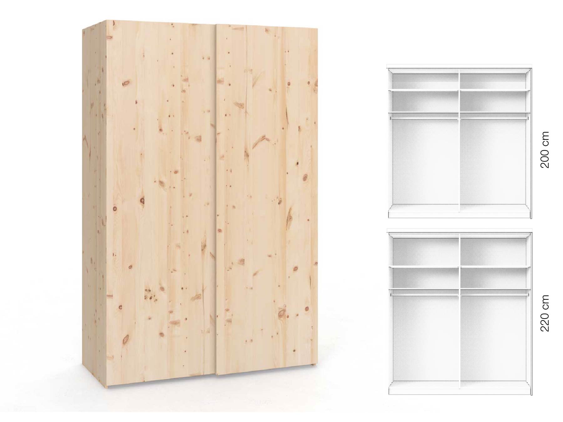 Zirbenschrank „Ludwig", 2-türig, Höhe 220 cm, Inneneinrichtung: A, Grifflos