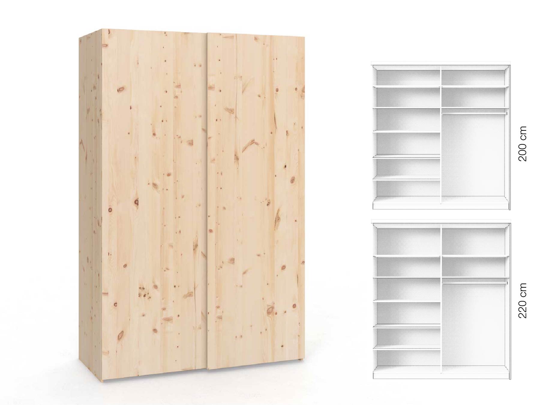 Zirbenschrank „Ludwig", 2-türig, Höhe 220 cm, Inneneinrichtung: B, Grifflos