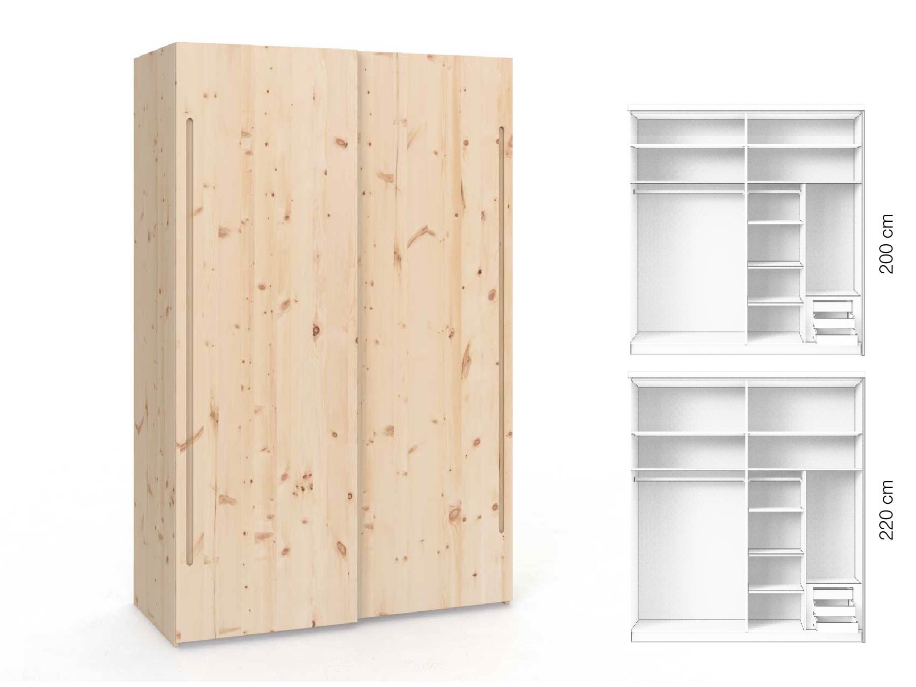 Zirbenschrank „Ludwig", 2-türig, Höhe 220 cm, Inneneinrichtung: C, Griff C
