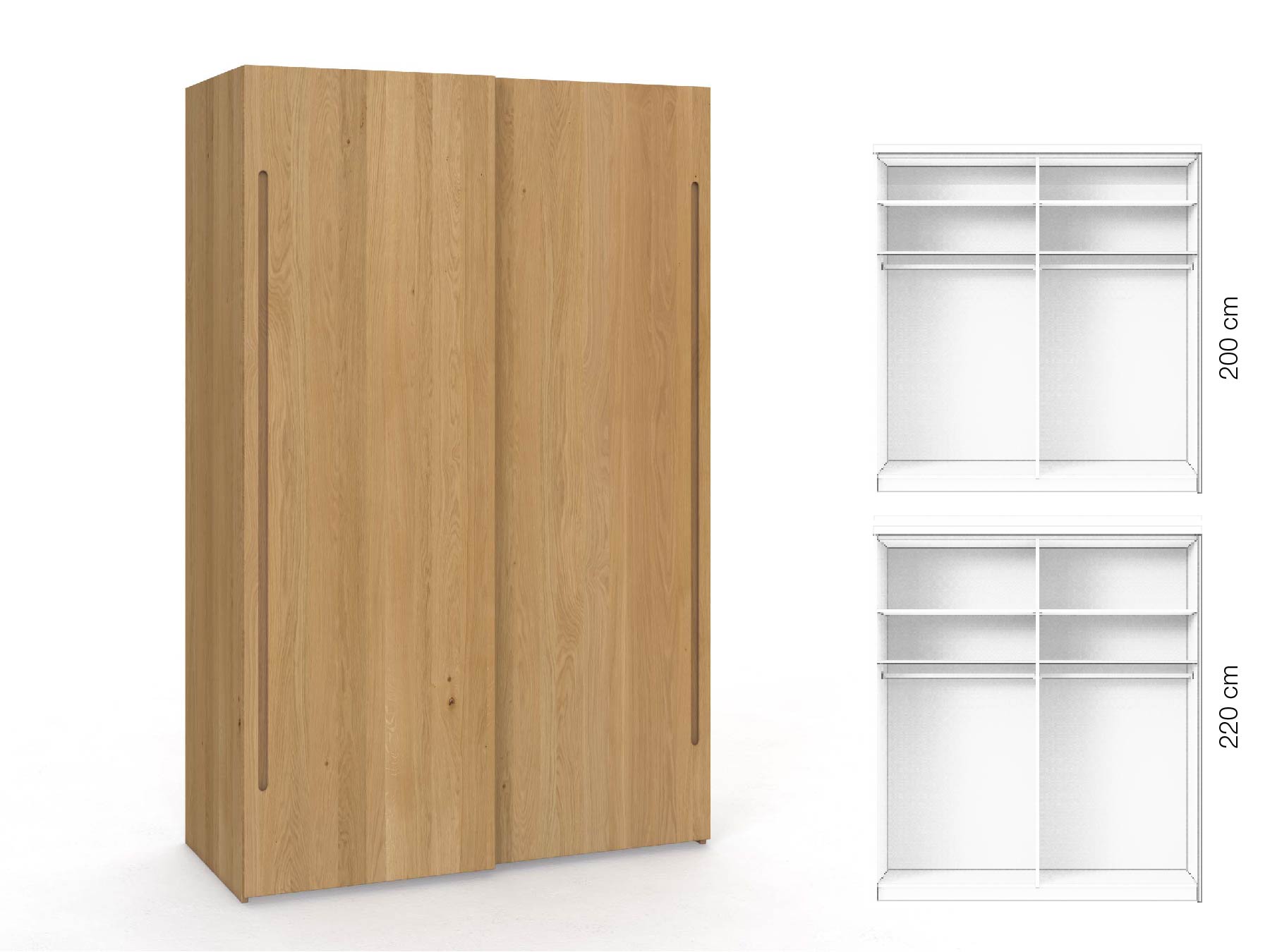 Eichenschrank Hell „Ludwig", 2-türig, Höhe 220 cm, Inneneinrichtung: A, Griff C