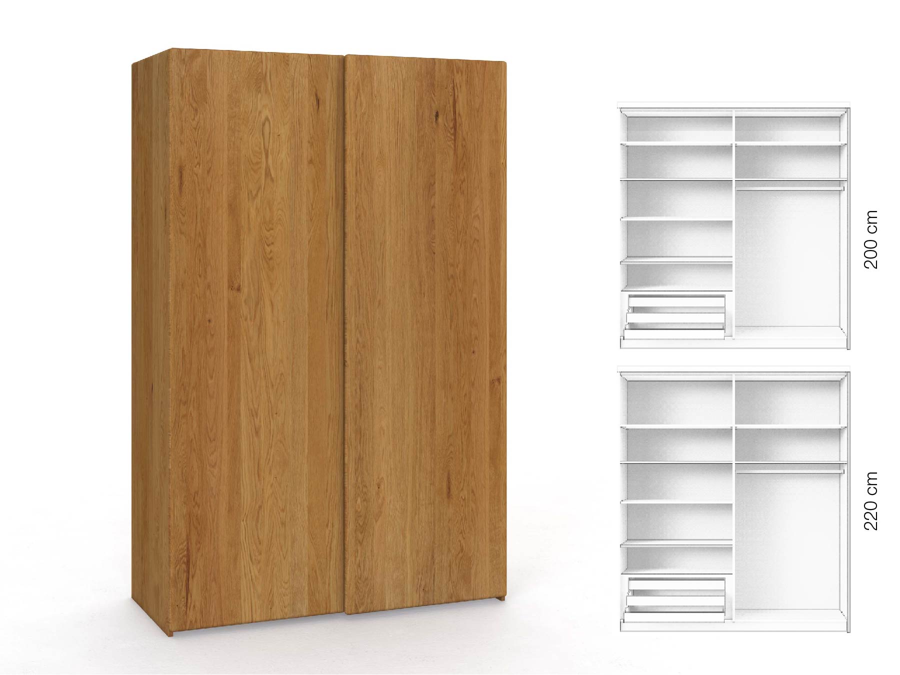 Eichenschrank „Viktor", 2-türig, Höhe 220 cm, Inneneinrichtung: D, Grifflos
