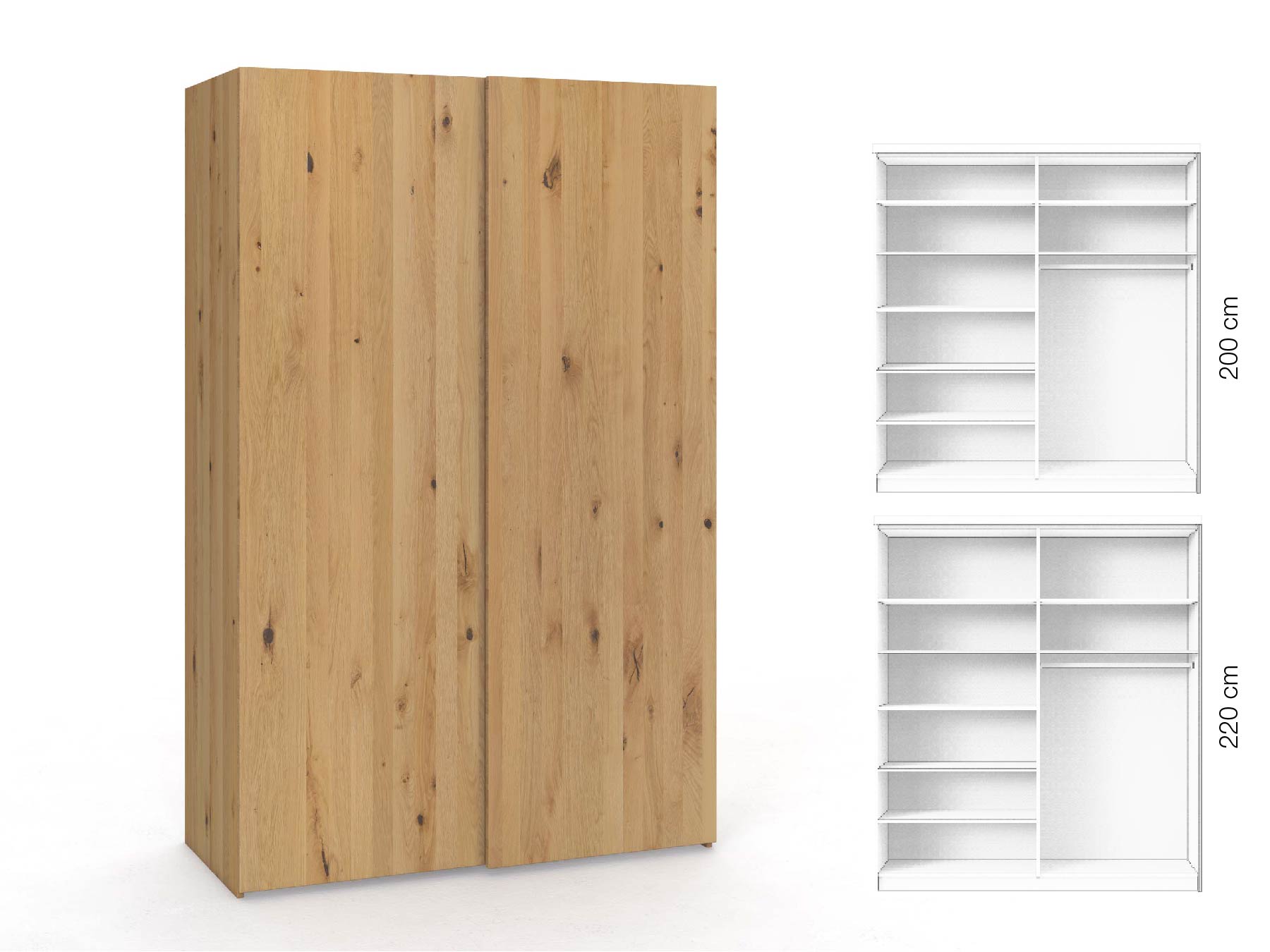 Wildeichenschrank Hell „Ludwig", 2-türig, Höhe 220 cm, Inneneinrichtung: B, Grifflos