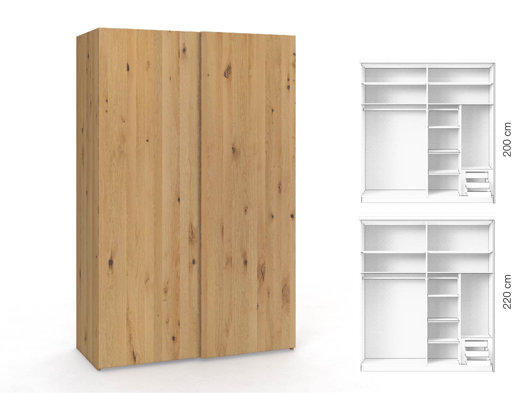 Wildeichenschrank Hell „Ludwig", 2-türig, Höhe 220 cm, Inneneinrichtung: C, Grifflos