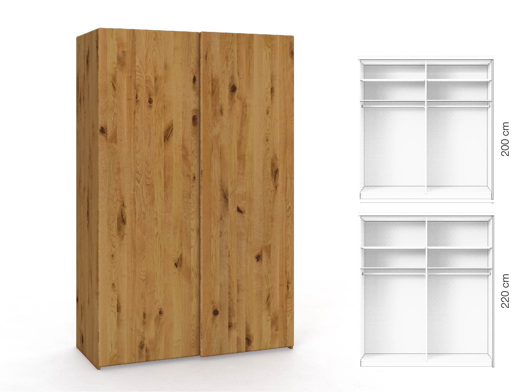 Wildeichenschrank „Viktor", 2-türig, Höhe 220 cm, Inneneinrichtung: A, Grifflos