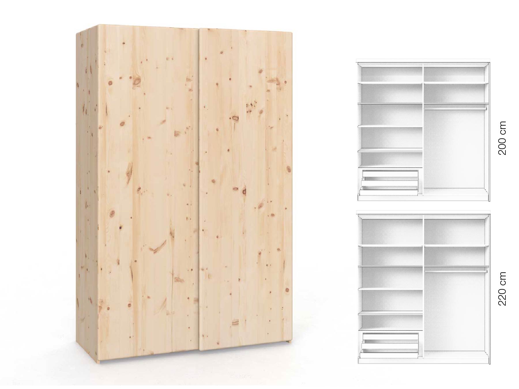 Zirbenschrank „Viktor", 2-türig, Höhe 220 cm, Inneneinrichtung: D, Grifflos