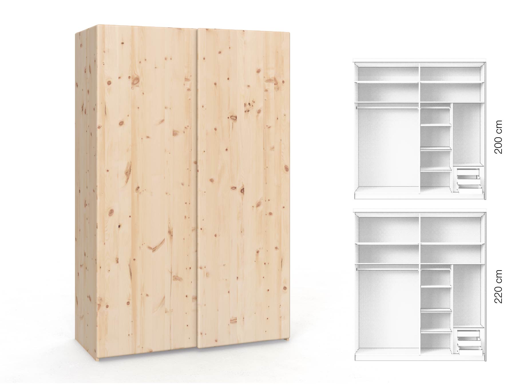 Zirbenschrank „Viktor", 2-türig, Höhe 220 cm, Inneneinrichtung: C, Grifflos