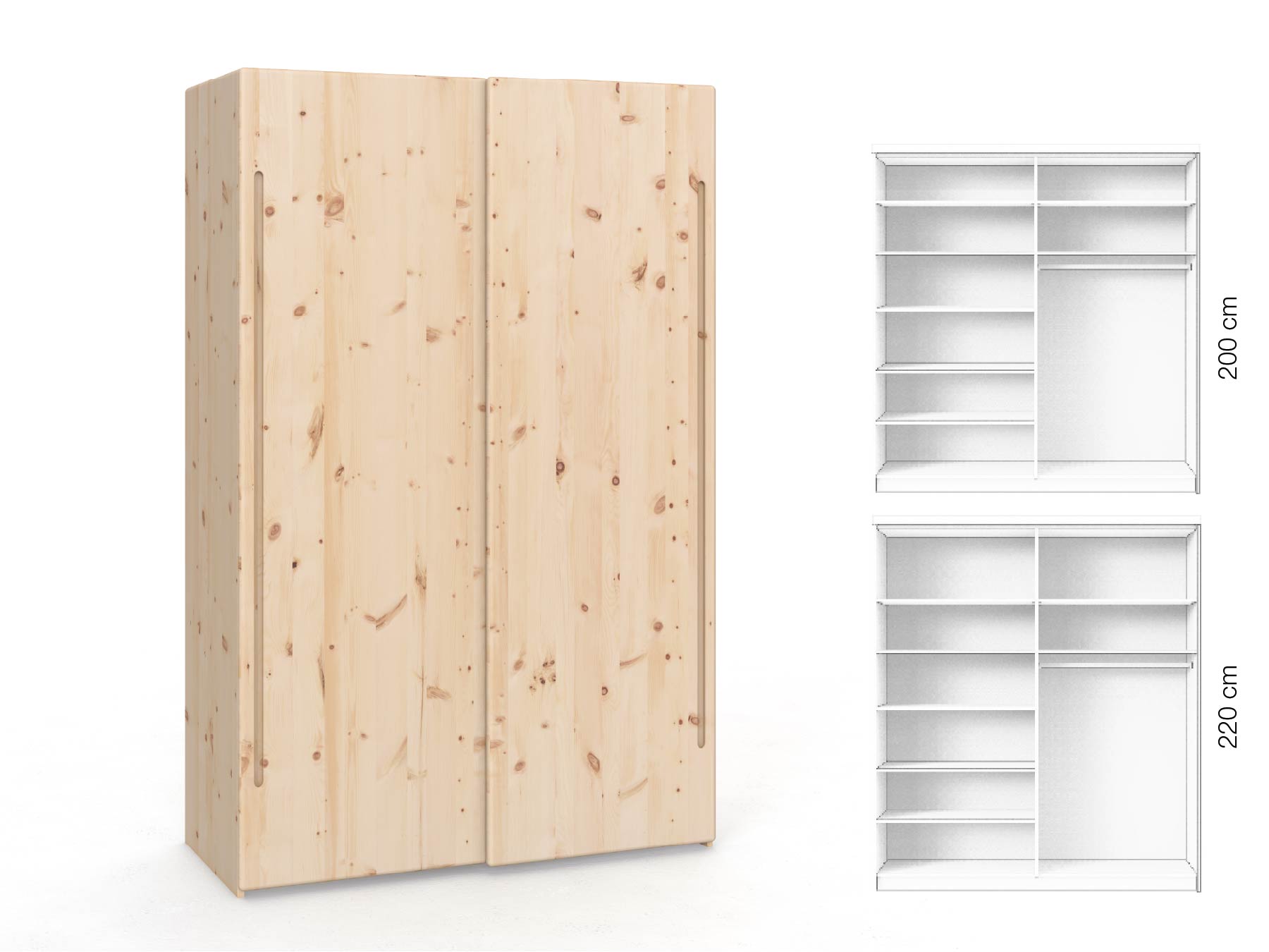 Zirbenschrank „Viktor", 2-türig, Höhe 220 cm, Inneneinrichtung: B, Griff: C