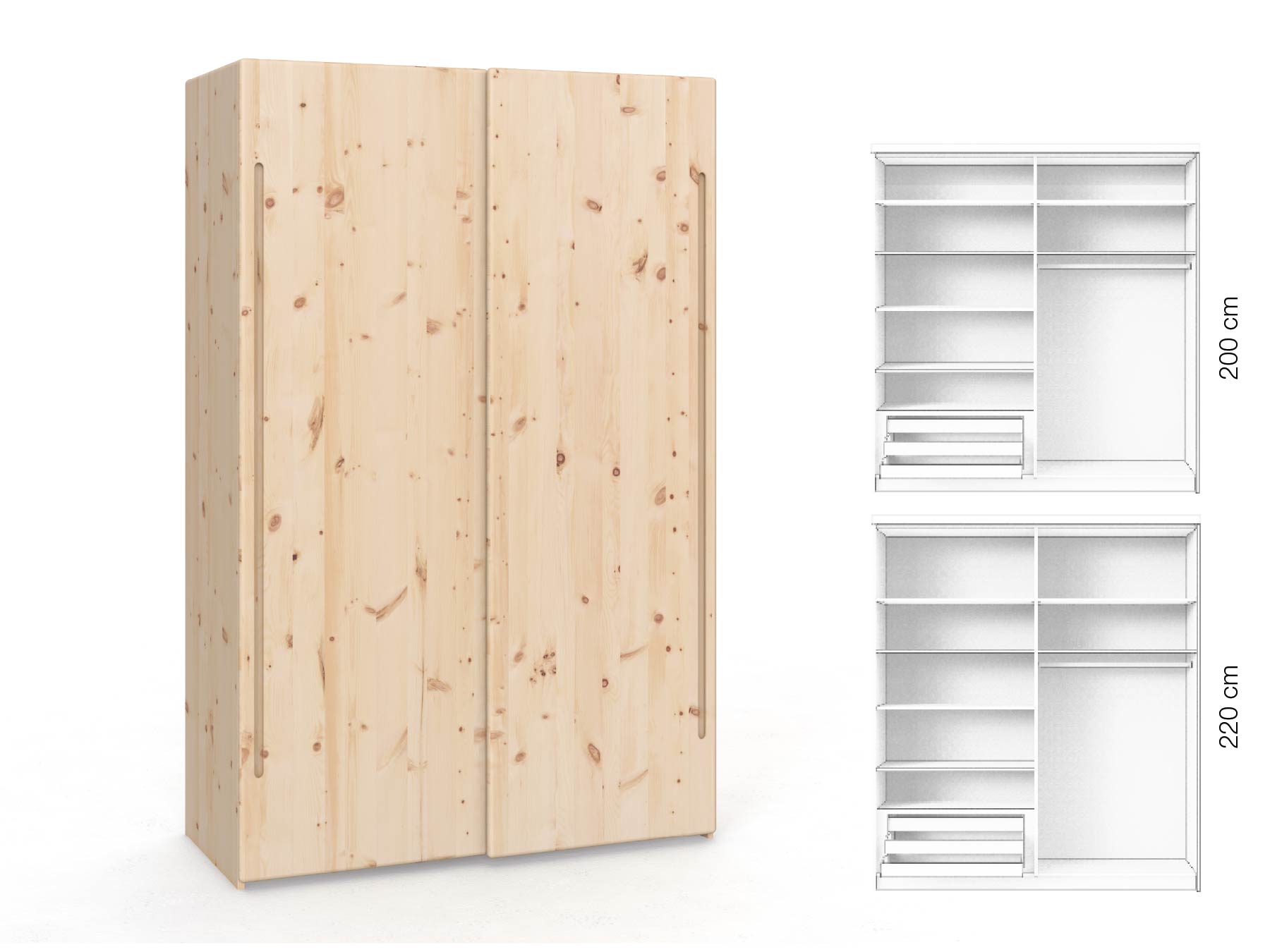 Zirbenschrank „Viktor", 2-türig, Höhe 220 cm, Inneneinrichtung: D, Griff: C