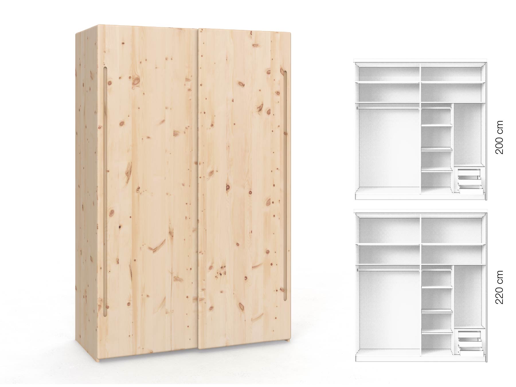 Zirbenschrank „Viktor", 2-türig, Höhe 220 cm, Inneneinrichtung: C, Griff: C