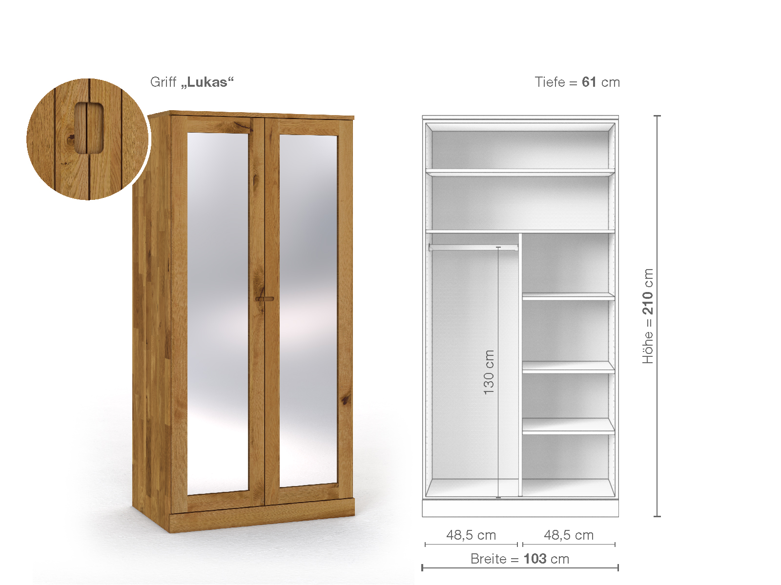 Schrank „Alpenrose“ aus Wildeiche, 2-türig, Höhe 210 cm, Griffausführung „Lukas“, Inneneinrichtung B