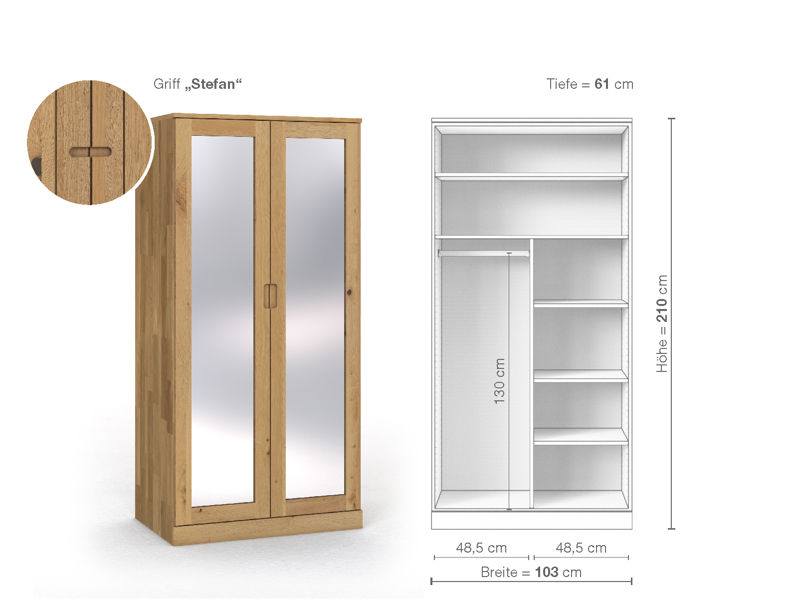 Schrank „Alpenrose“ aus Wildeiche Hell, 2-türig, Höhe 210 cm, Griffausführung „Stefan“, Inneneinrichtung B