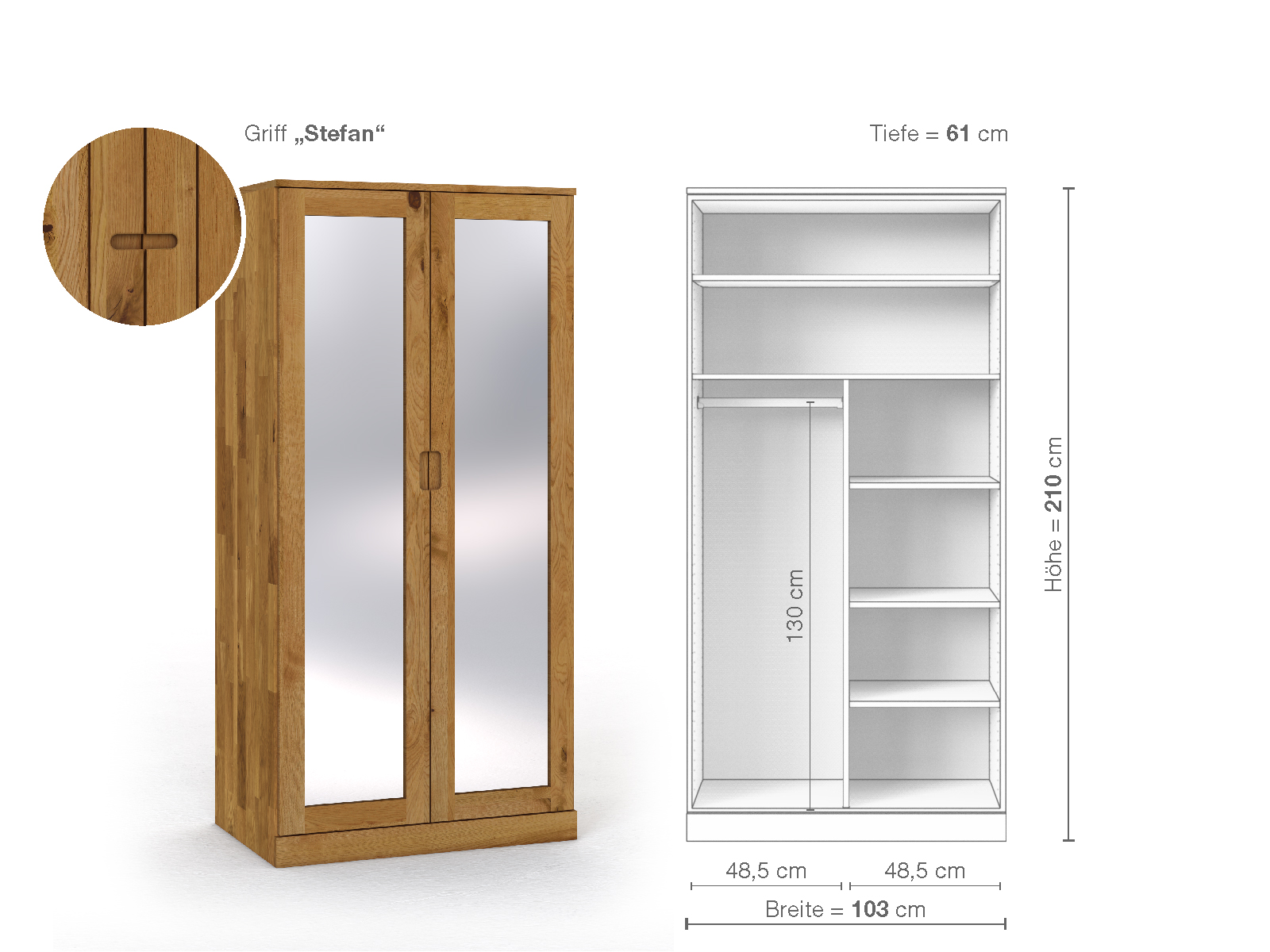 Schrank „Alpenrose“ aus Wildeiche, 2-türig, Höhe 210 cm, Griffausführung „Stefan“, Inneneinrichtung B