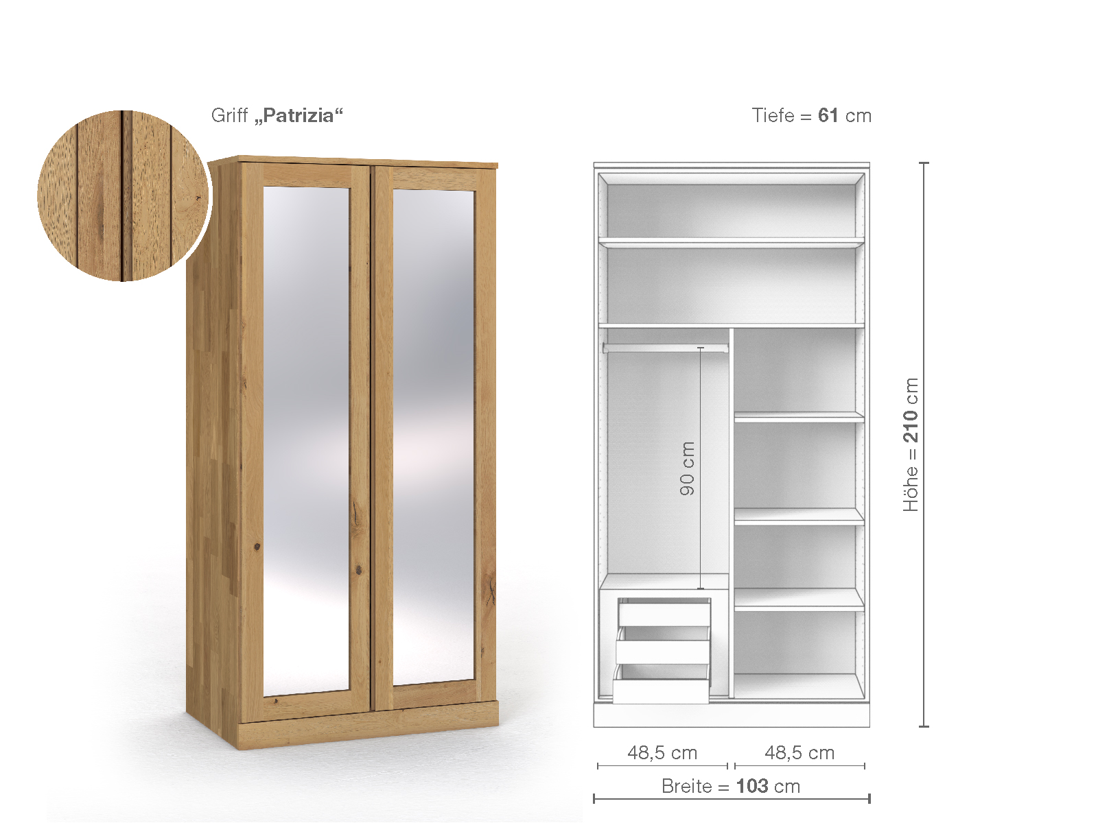 Schrank „Alpenrose“ aus Wildeiche Hell, 2-türig, Höhe 210 cm, Griffausführung „Patrizia“, Inneneinrichtung C