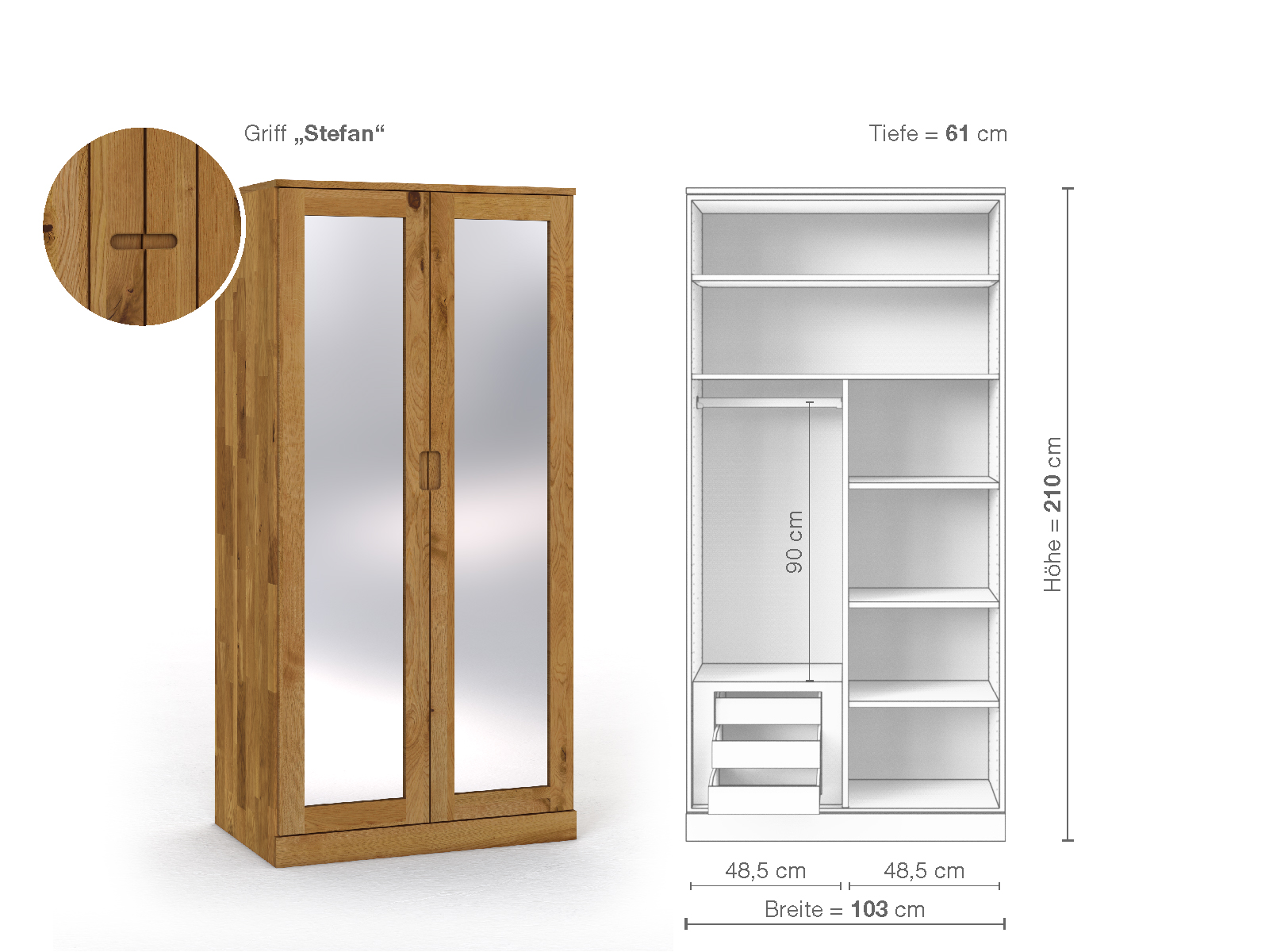 Schrank „Alpenrose“ aus Wildeiche, 2-türig, Höhe 210 cm, Griffausführung „Stefan“, Inneneinrichtung C