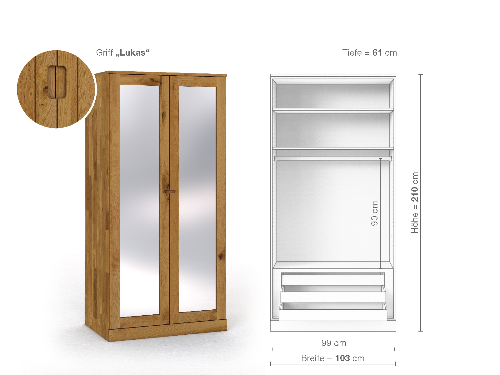 Schrank „Alpenrose“ aus Wildeiche, 2-türig, Höhe 210 cm, Griffausführung „Lukas“, Inneneinrichtung D