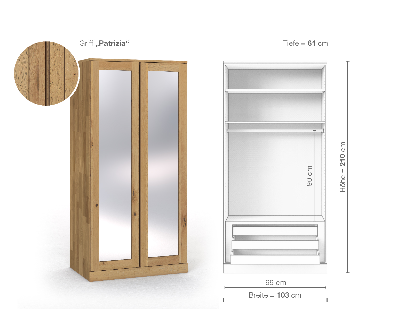 Schrank „Alpenrose“ aus Wildeiche Hell, 2-türig, Höhe 210 cm, Griffausführung „Patrizia“, Inneneinrichtung D