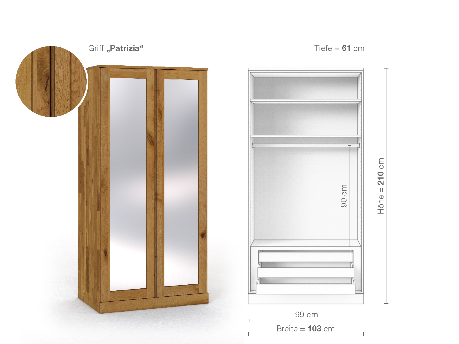 Schrank „Alpenrose“ aus Wildeiche, 2-türig, Höhe 210 cm, Griffausführung „Patrizia“, Inneneinrichtung D