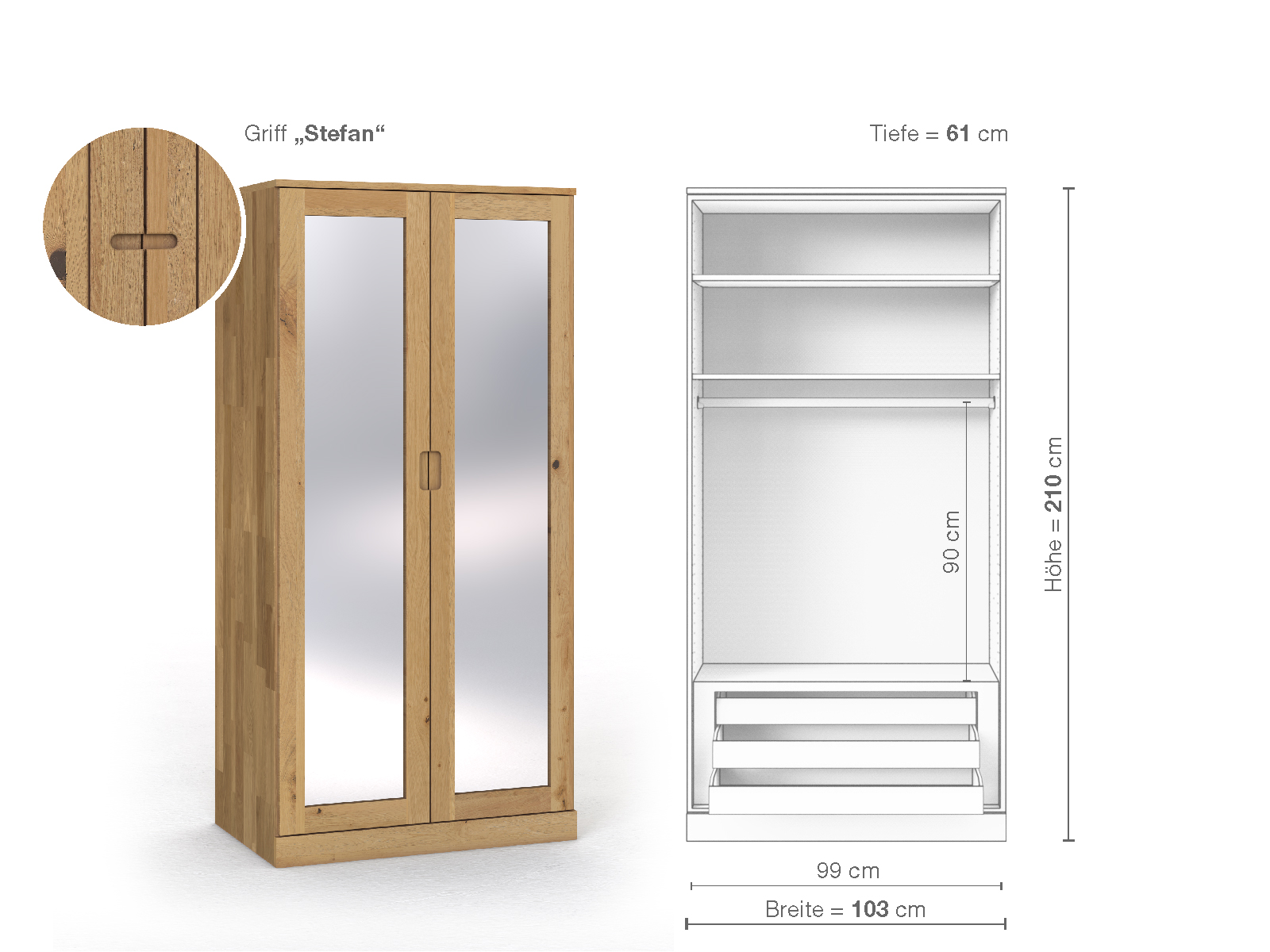 Schrank „Alpenrose“ aus Wildeiche Hell, 2-türig, Höhe 210 cm, Griffausführung „Stefan“, Inneneinrichtung D