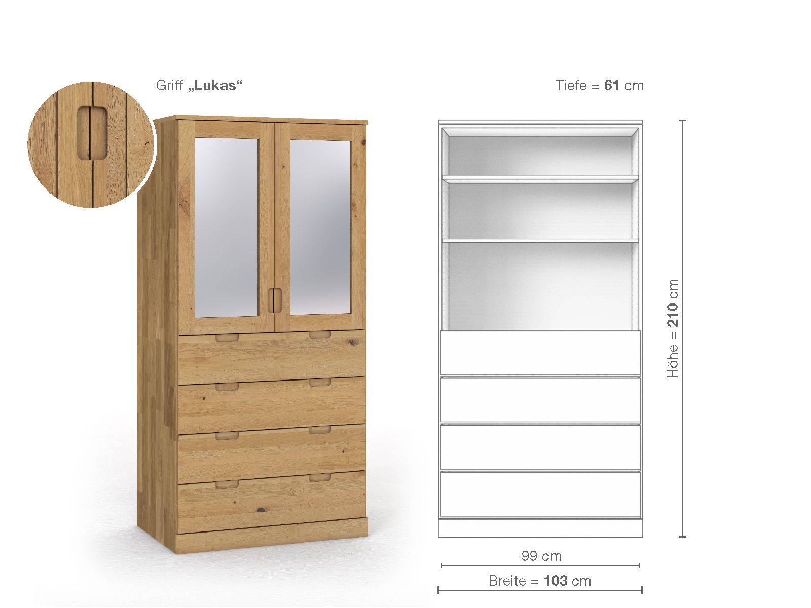 Schrank „Alpenrose“ aus Wildeiche Hell, 2-türig, Höhe 210 cm, Griffausführung „Lukas“, Inneneinrichtung E