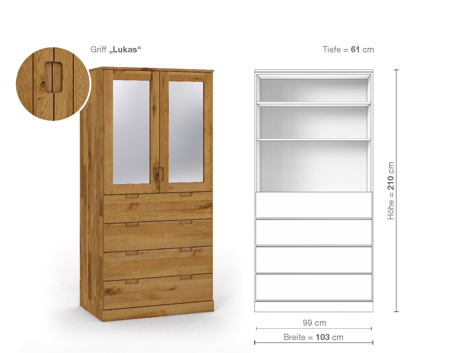 Schrank „Alpenrose“ aus Wildeiche, 2-türig, Höhe 210 cm, Griffausführung „Lukas“, Inneneinrichtung E