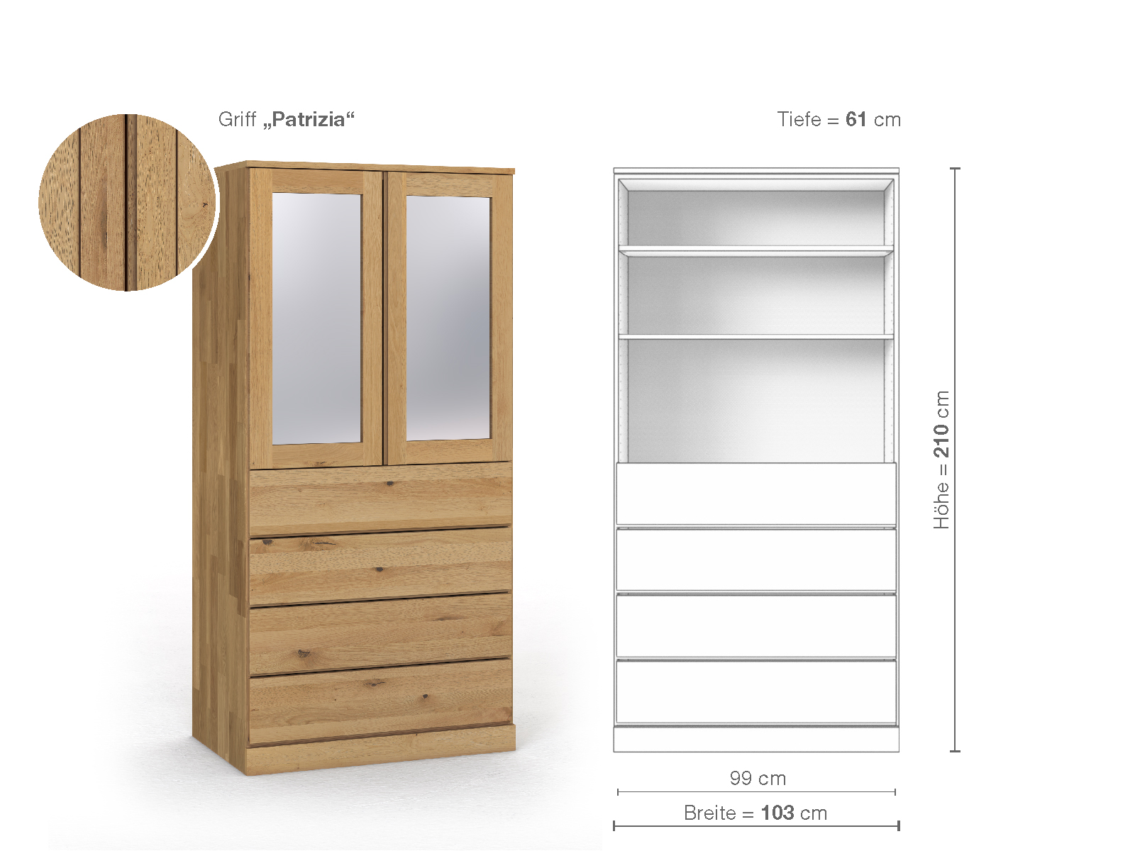 Schrank „Alpenrose“ aus Wildeiche Hell, 2-türig, Höhe 210 cm, Griffausführung „Patrizia“, Inneneinrichtung E