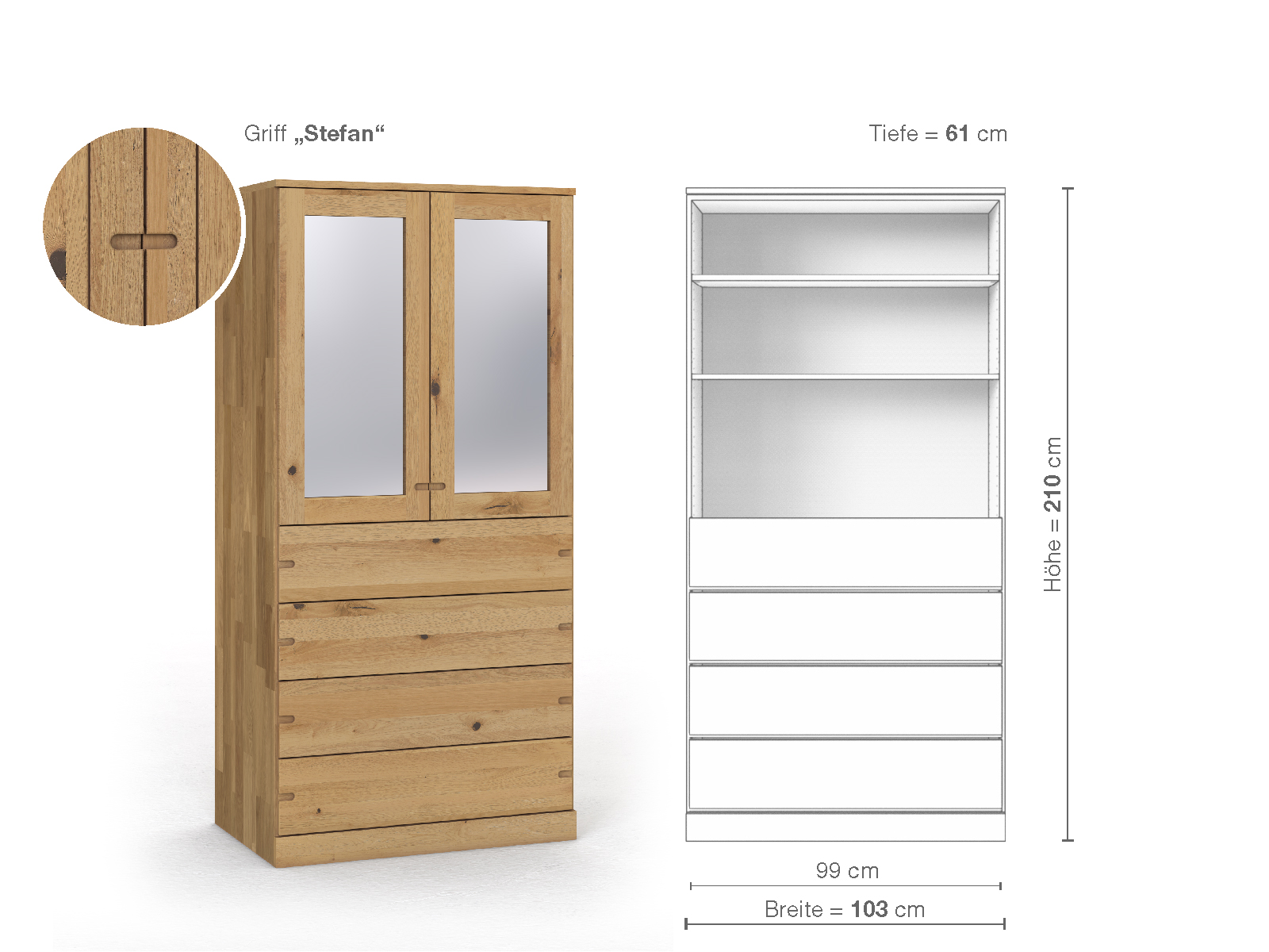 Schrank „Alpenrose“ aus Wildeiche Hell, 2-türig, Höhe 210 cm, Griffausführung „Stefan“, Inneneinrichtung E