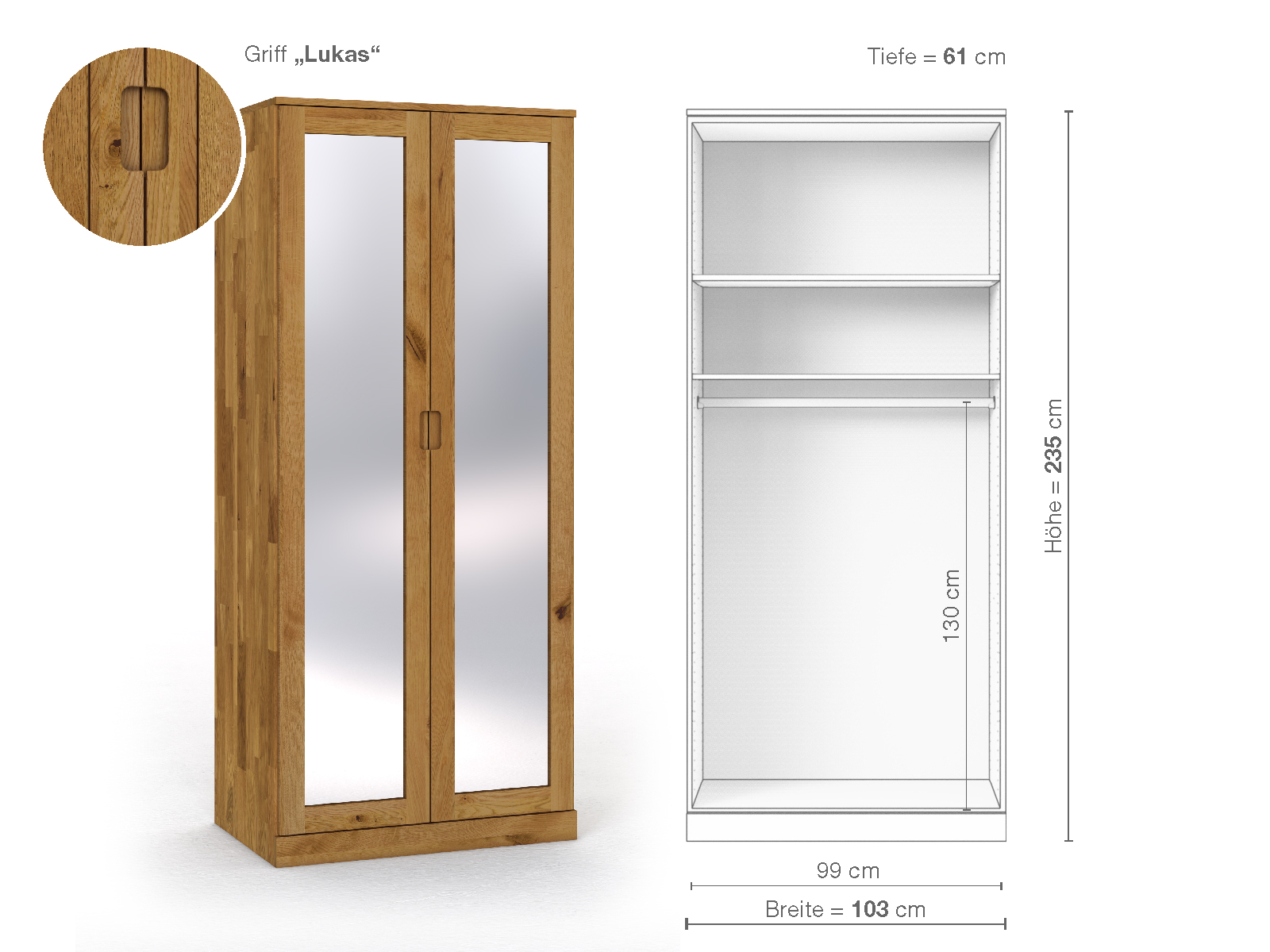 Schrank „Alpenrose“ aus Wildeiche, 2-türig, Höhe 235 cm, Griffausführung „Lukas“, Inneneinrichtung A