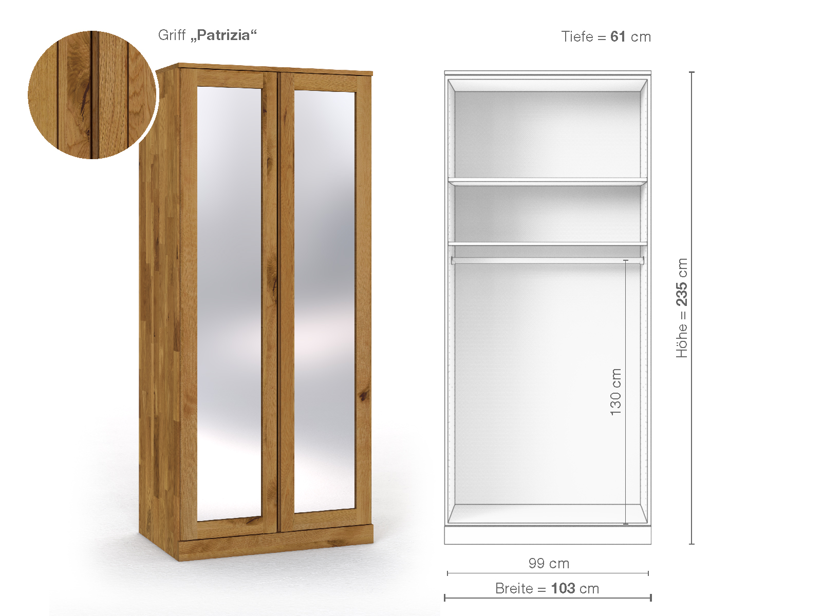 Schrank „Alpenrose“ aus Wildeiche, 2-türig, Höhe 235 cm, Griffausführung „Patrizia“, Inneneinrichtung A