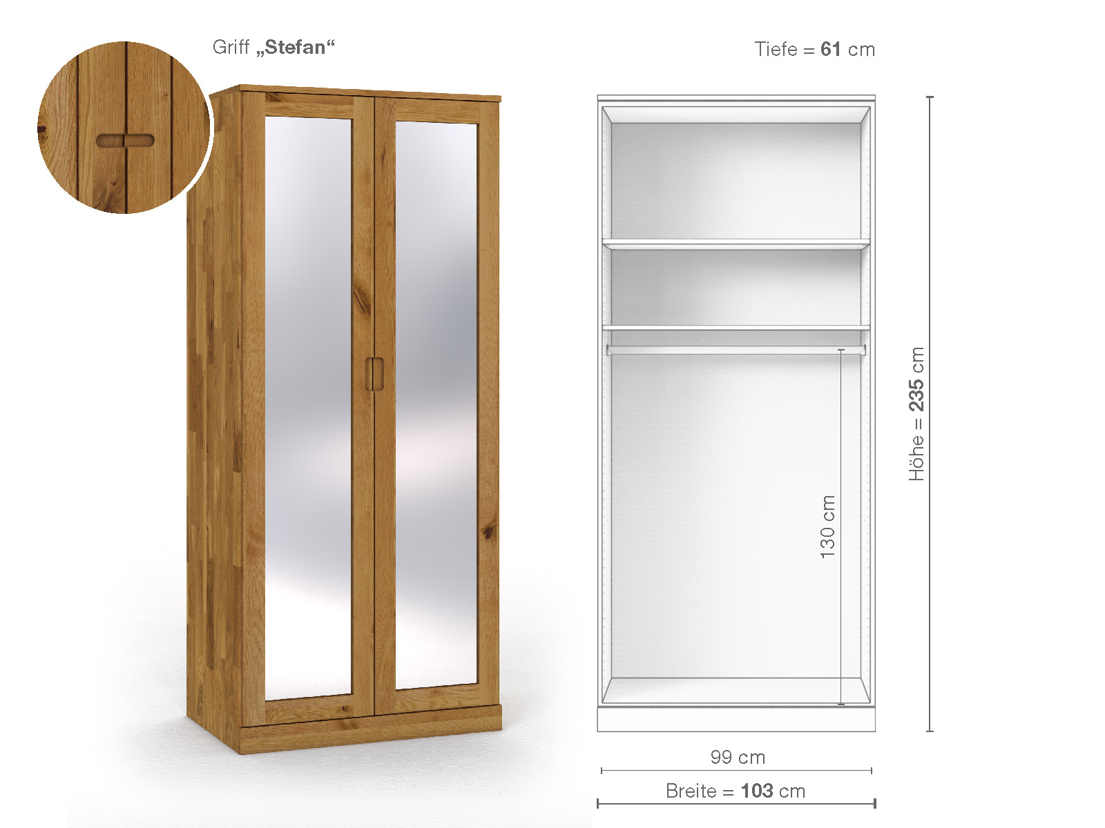 Schrank „Alpenrose“ aus Wildeiche, 2-türig, Höhe 235 cm, Griffausführung „Stefan“, Inneneinrichtung A