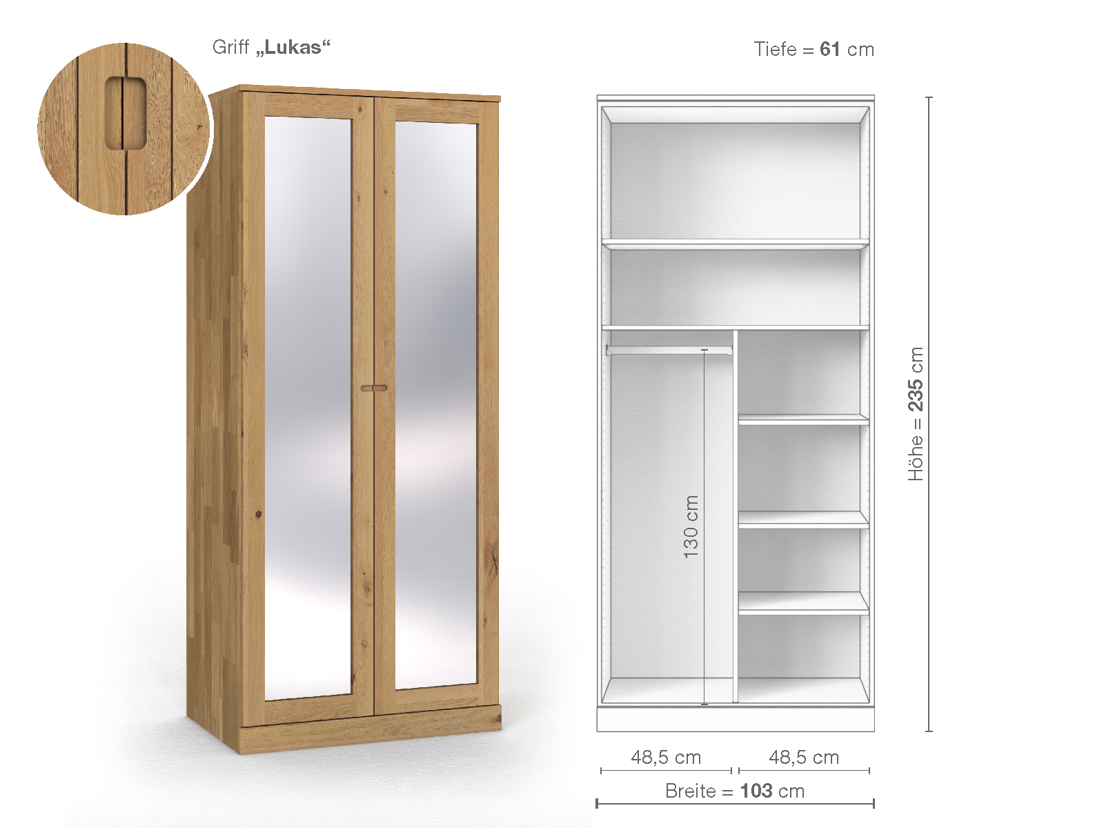 Schrank „Alpenrose“ aus Wildeiche Hell, 2-türig, Höhe 235 cm, Griffausführung „Lukas“, Inneneinrichtung B