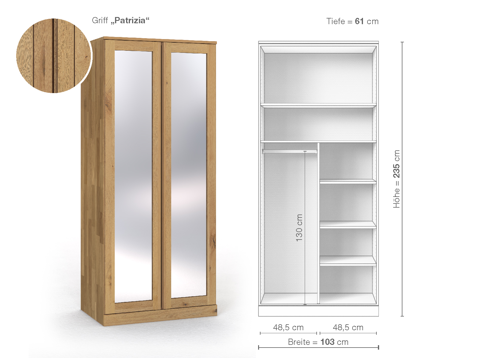 Schrank „Alpenrose“ aus Wildeiche Hell, 2-türig, Höhe 235 cm, Griffausführung „Patrizia“, Inneneinrichtung B