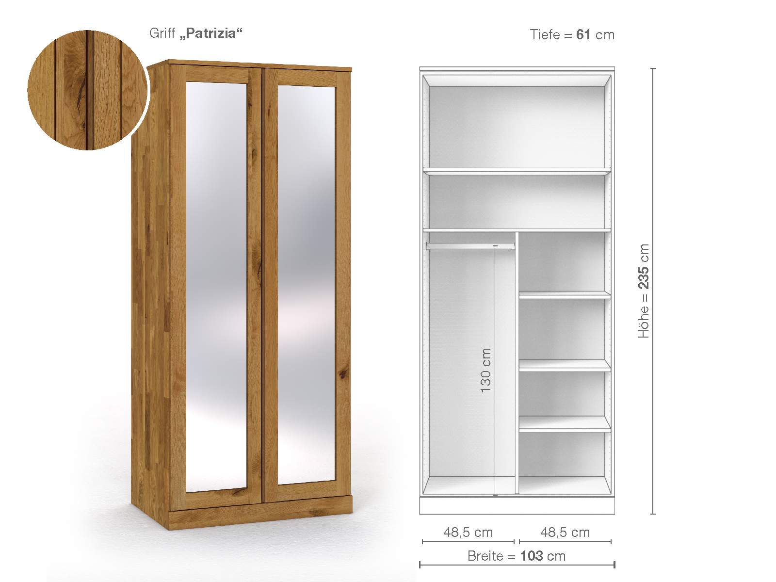 Schrank „Alpenrose“ aus Wildeiche, 2-türig, Höhe 235 cm, Griffausführung „Patrizia“, Inneneinrichtung B