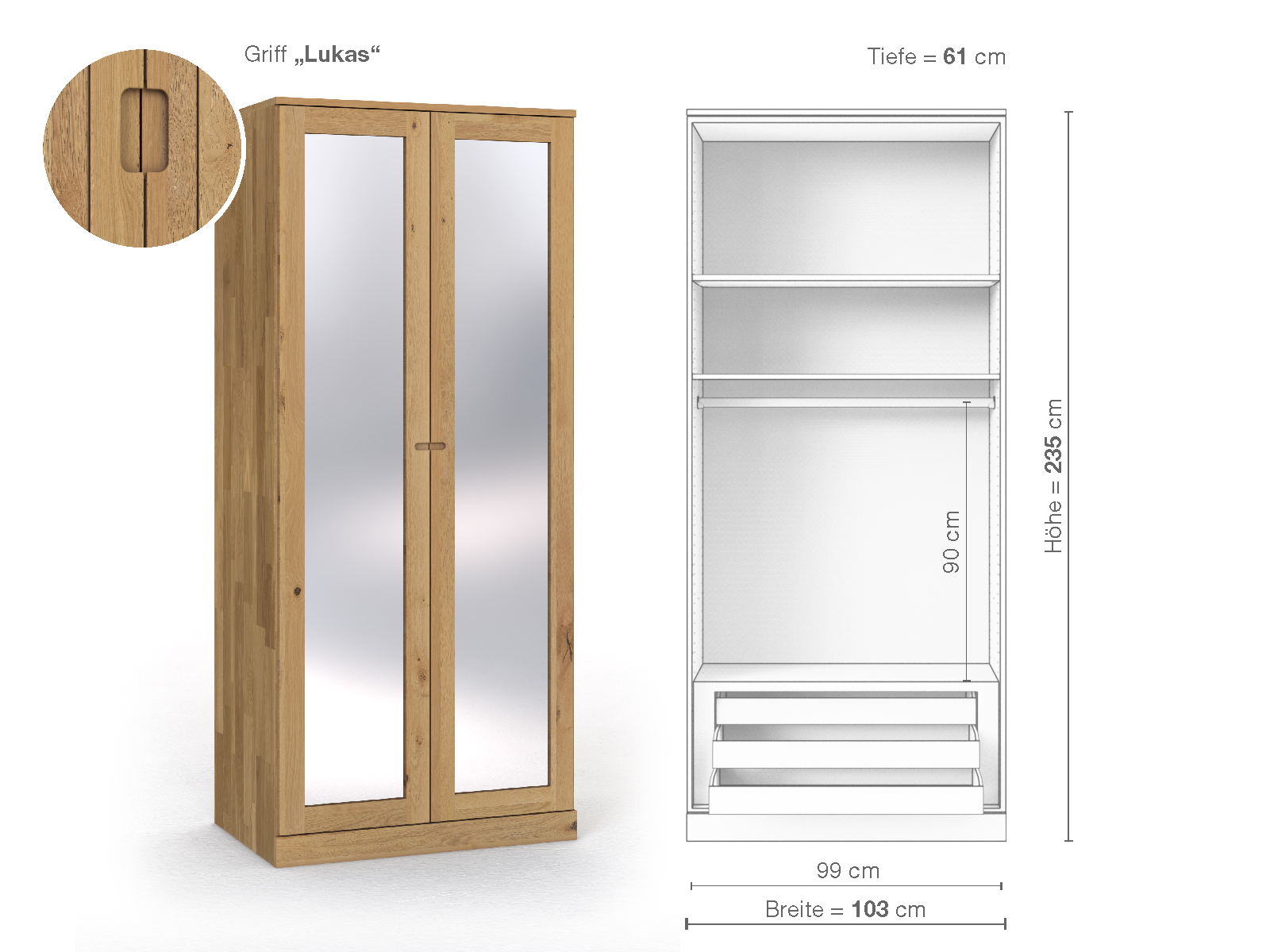 Schrank „Alpenrose“ aus Wildeiche Hell, 2-türig, Höhe 235 cm, Griffausführung „Lukas“, Inneneinrichtung D