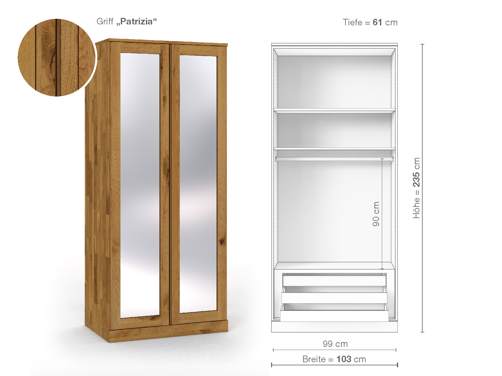 Schrank „Alpenrose“ aus Wildeiche, 2-türig, Höhe 235 cm, Griffausführung „Patrizia“, Inneneinrichtung D