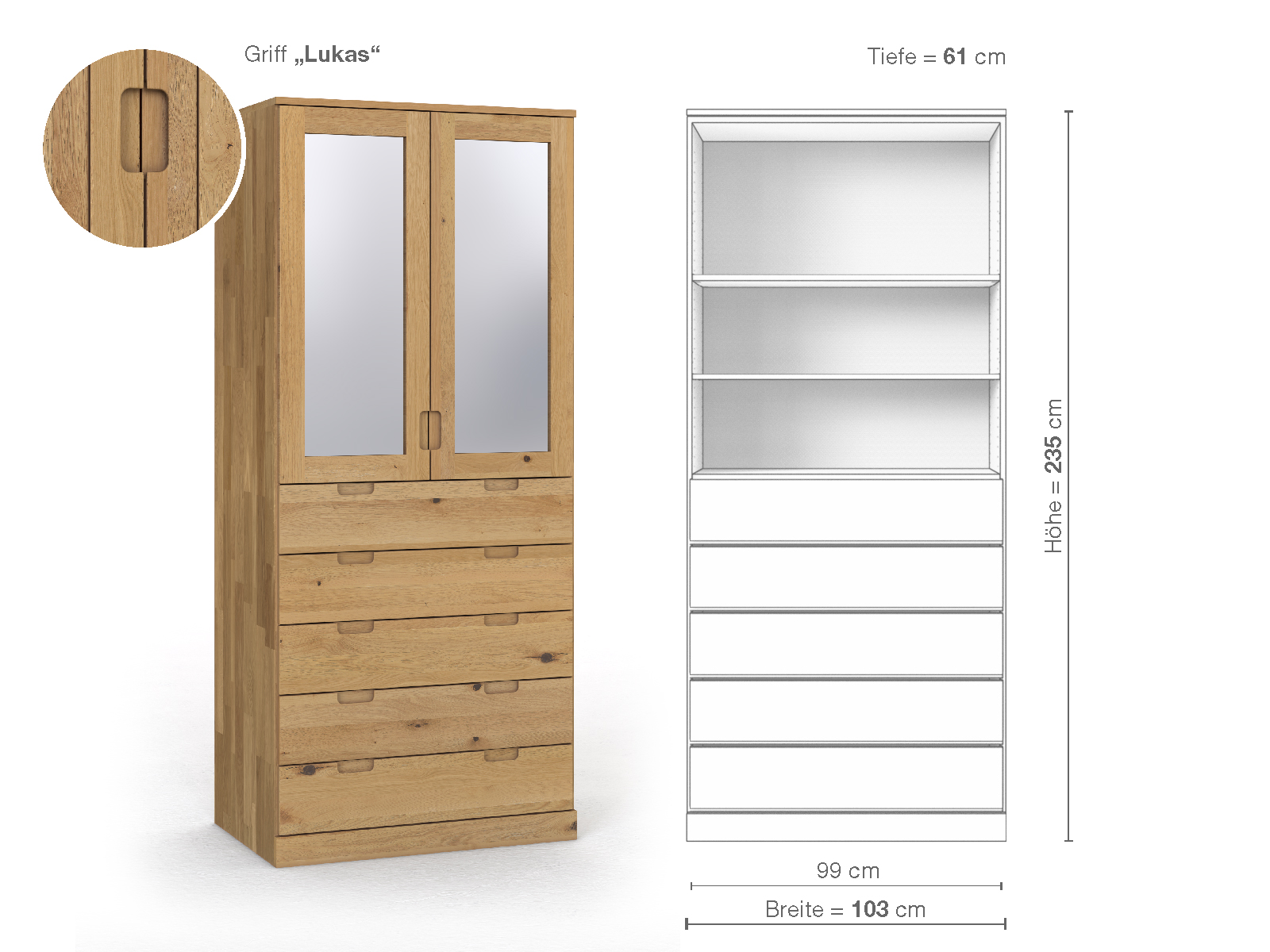 Schrank „Alpenrose“ aus Wildeiche Hell, 2-türig, Höhe 235 cm, Griffausführung „Lukas“, Inneneinrichtung E