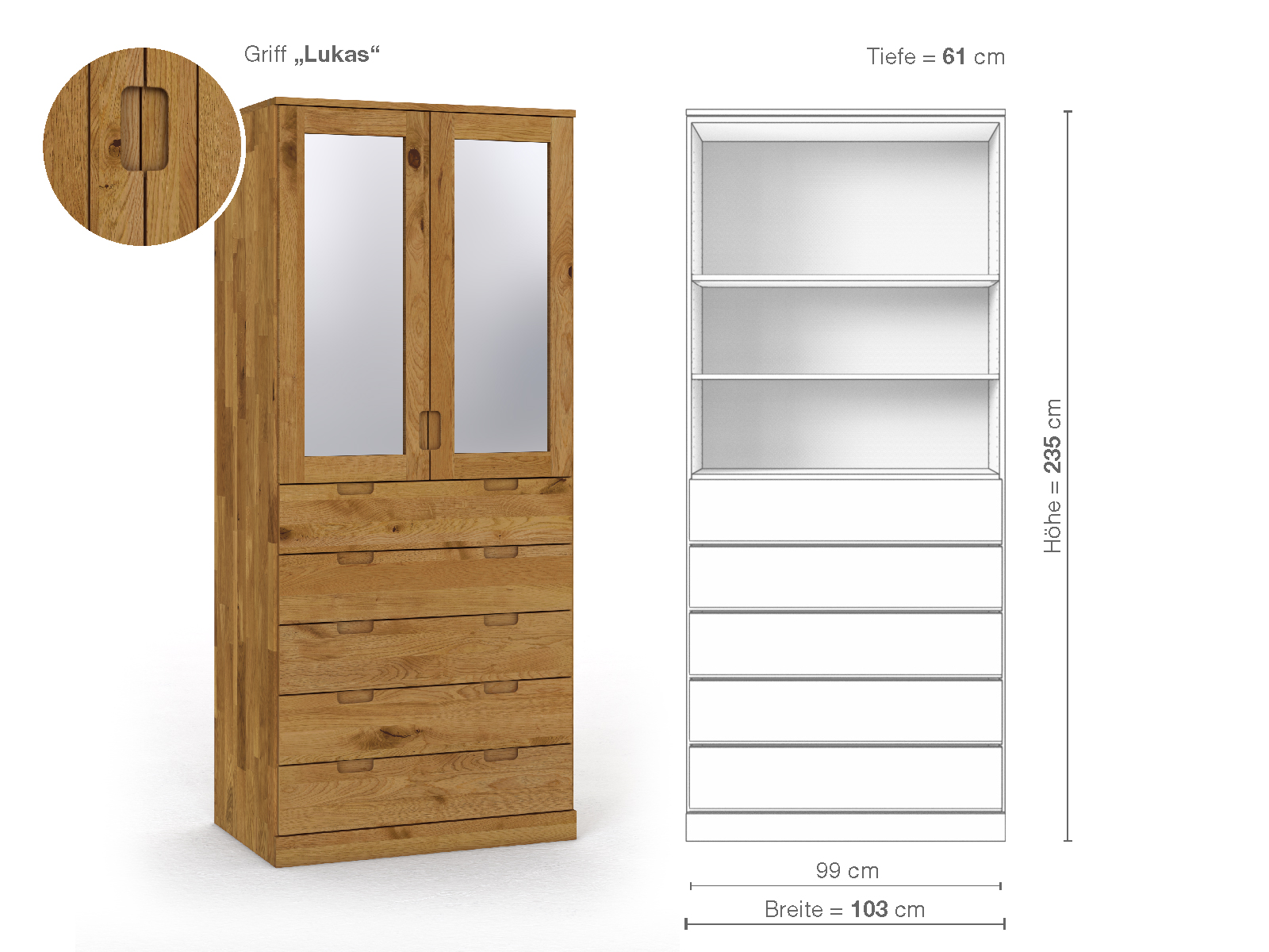 Schrank „Alpenrose“ aus Wildeiche, 2-türig, Höhe 235 cm, Griffausführung „Lukas“, Inneneinrichtung E