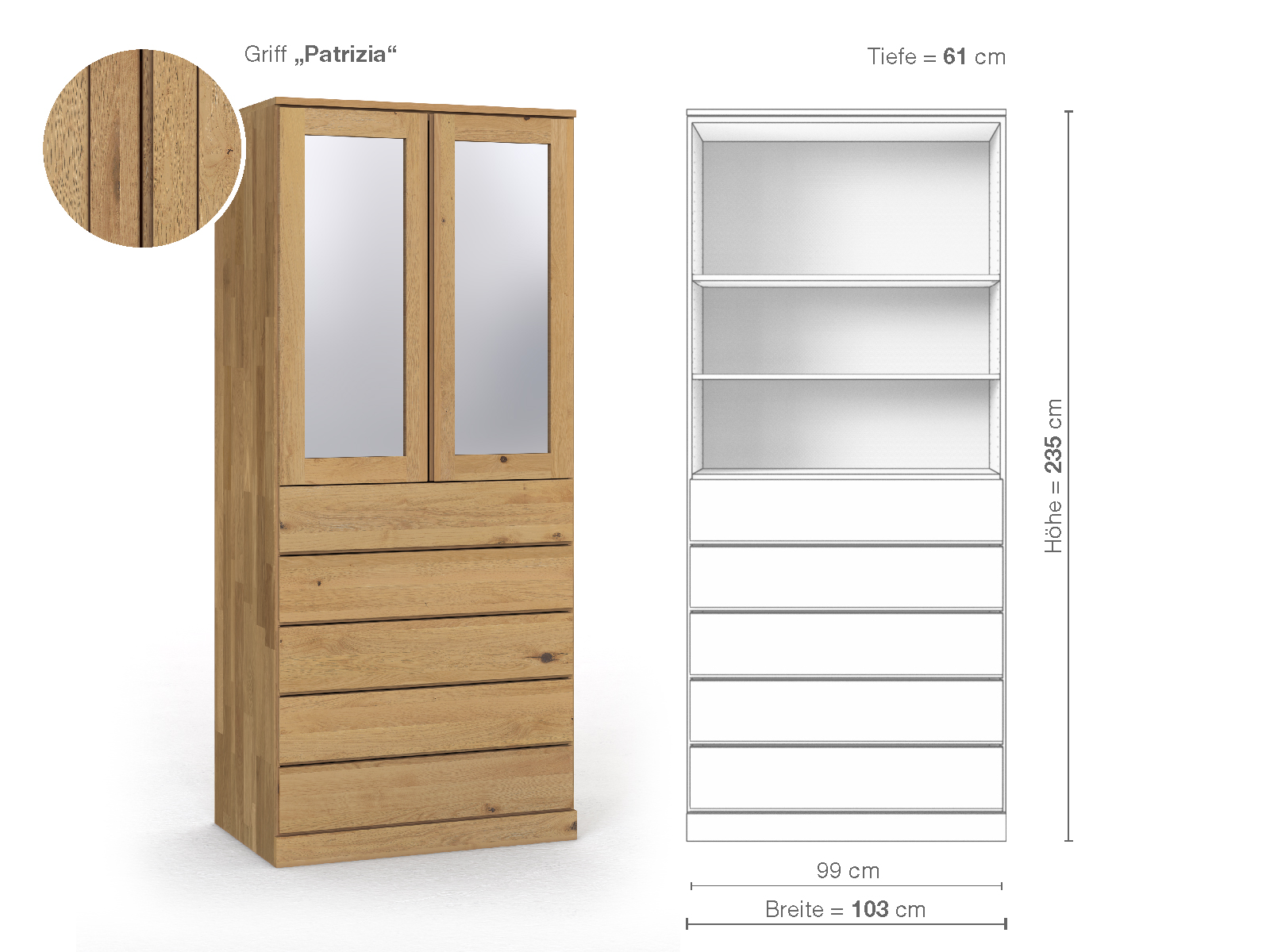 Schrank „Alpenrose“ aus Wildeiche Hell, 2-türig, Höhe 235 cm, Griffausführung „Patrizia“, Inneneinrichtung E