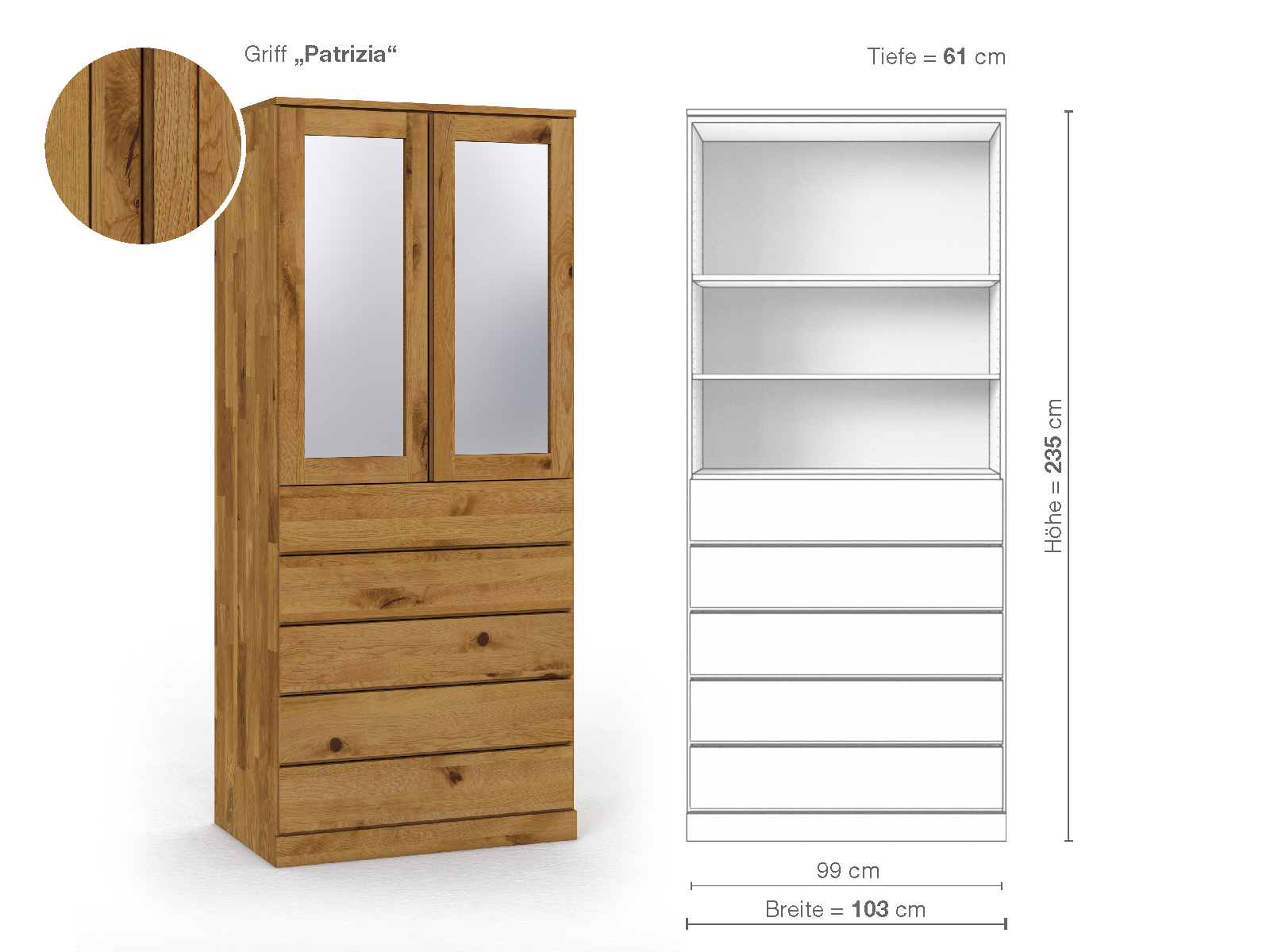 Schrank „Alpenrose“ aus Wildeiche, 2-türig, Höhe 235 cm, Griffausführung „Patrizia“, Inneneinrichtung E