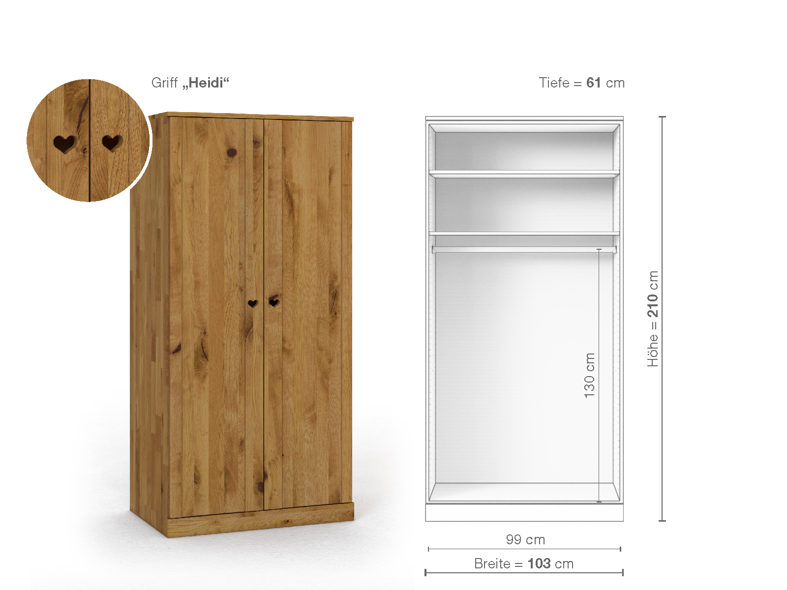 Wildeichenschrank „Arnika“, 2-türig, Höhe 210 cm, Griffausführung „Heidi“, Inneneinrichtung A