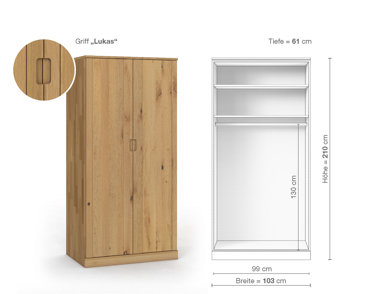 Wildeichenschrank Hell „Arnika“, 2-türig, Höhe 210 cm, Griffausführung „Lukas“, Inneneinrichtung A