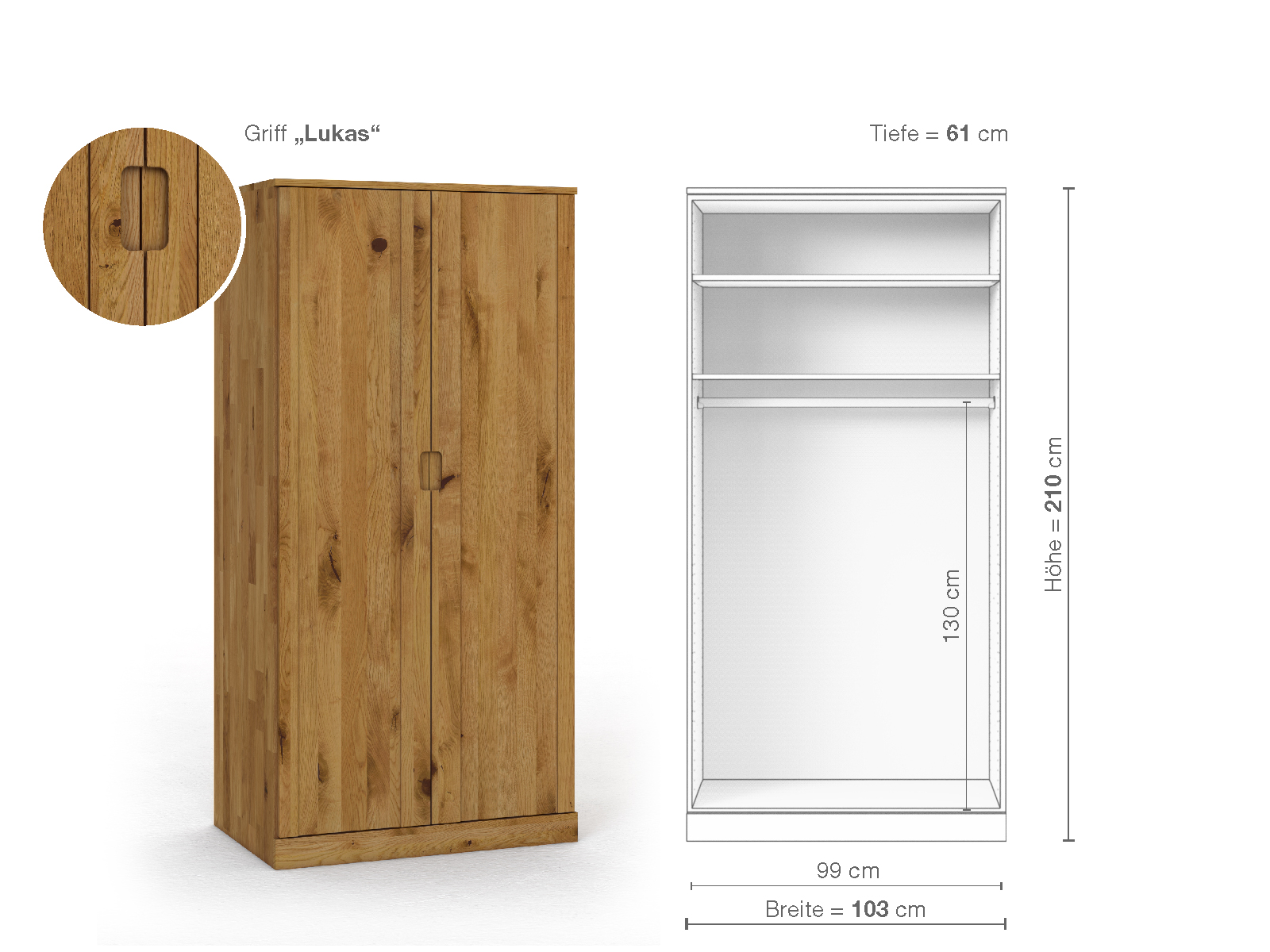 Wildeichenschrank „Arnika“, 2-türig, Höhe 210 cm, Griffausführung „Lukas“, Inneneinrichtung A