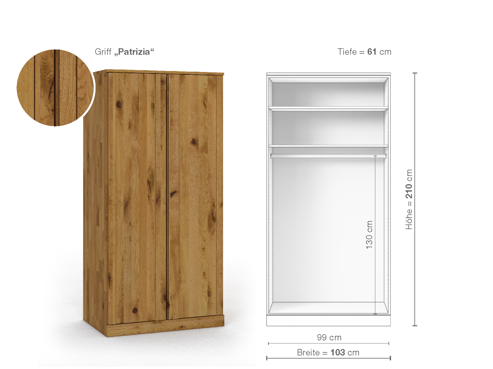 Wildeichenschrank „Arnika“, 2-türig, Höhe 210 cm, Griffausführung „Patrizia“, Inneneinrichtung A